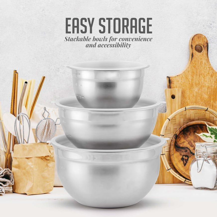 imageOVENTE Mixing Bowl Set with Lids 3Piece Stainless Steel Nesting Bowls for Easy Food Storage Stackable Design Kitchen Essential for Baking Cooking and Prepping Size 5 35 15QT Silver BM46333S5 35 and 15 Quarts