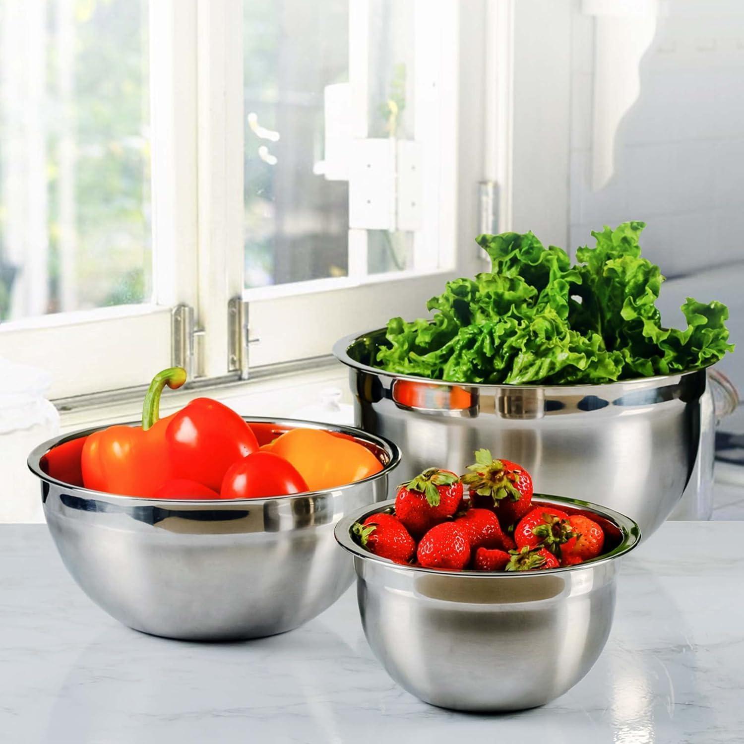 imageOVENTE Mixing Bowl Set with Lids 3Piece Stainless Steel Nesting Bowls for Easy Food Storage Stackable Design Kitchen Essential for Baking Cooking and Prepping Size 5 35 15QT Silver BM46333S5 35 and 15 Quarts