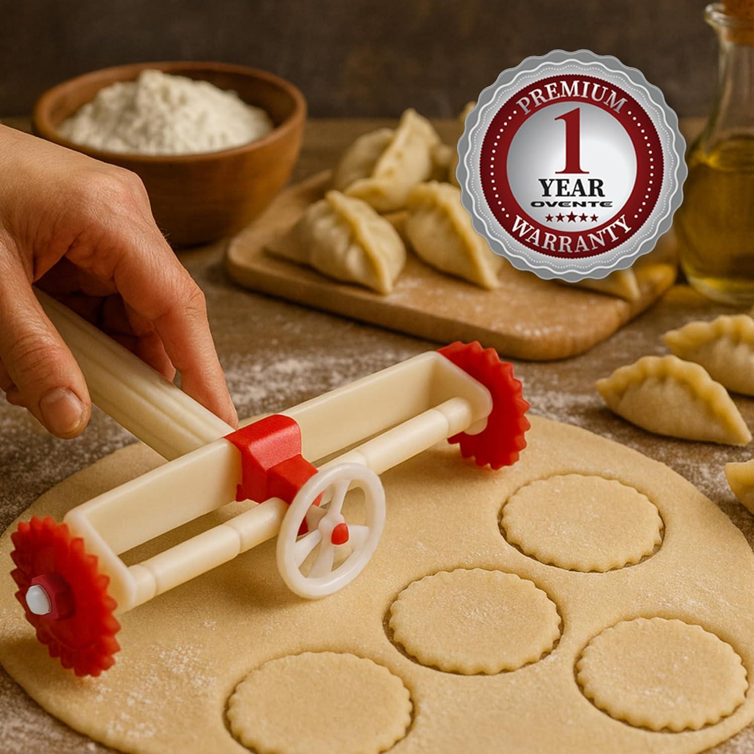 imageOVENTE Ravioli Pasta Roller Cutter with Removable Wheels Compact Kitchen Tool and BPAFree Slicer for Fresh Homemade Dough for Cooking Noodle Baking Pastry Cookie or Brownie Red ACPPA7100RRed ACPPA7100R