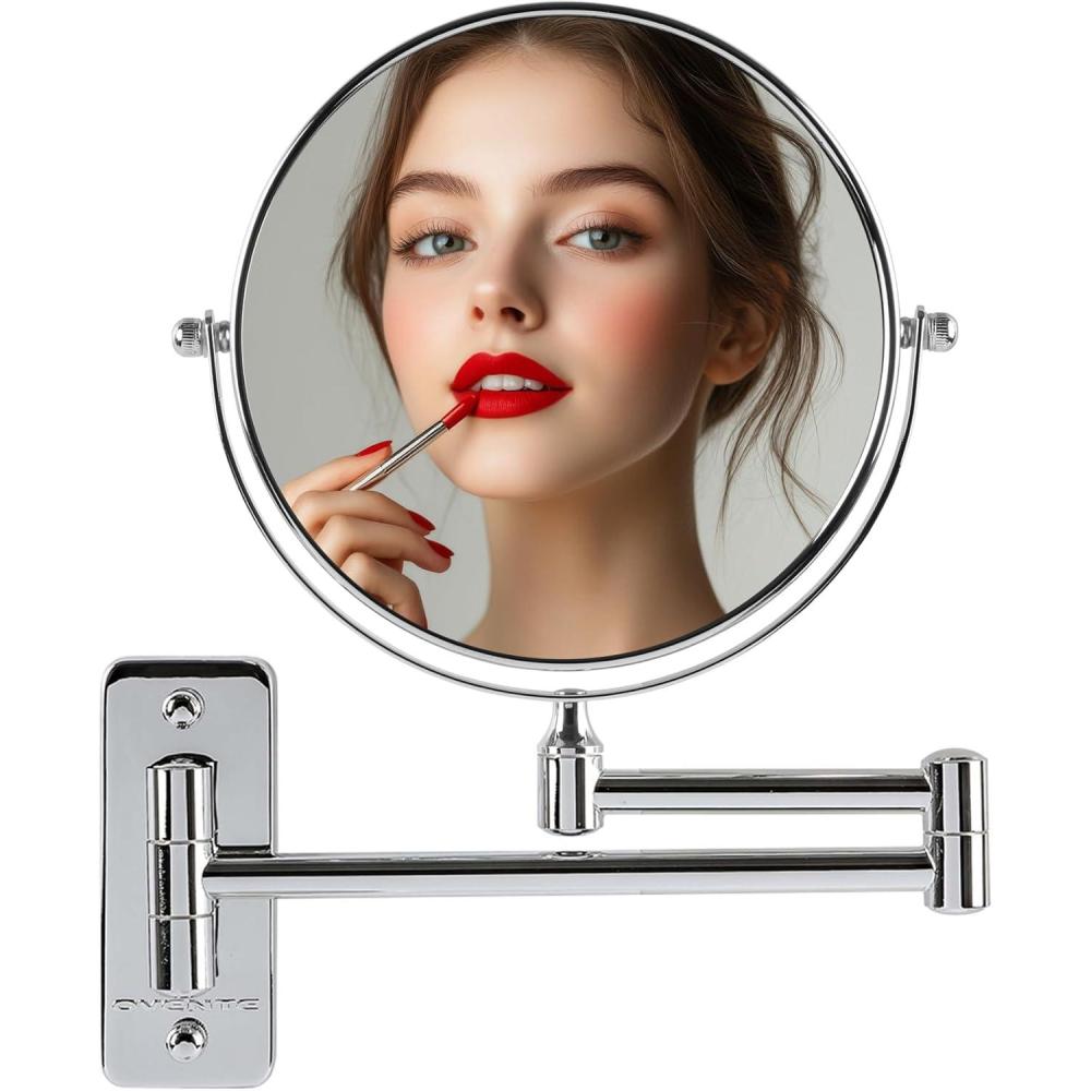 imageOVENTE 9 Wall Mounted Makeup Mirror with 1X7X Magnification Double Sided Magnifying Round Bathroom Vanity Mirror 360 Swivel Design Extendable and Folding Arm Polished Chrome MNLFW90CH1X7XPolished Chrome