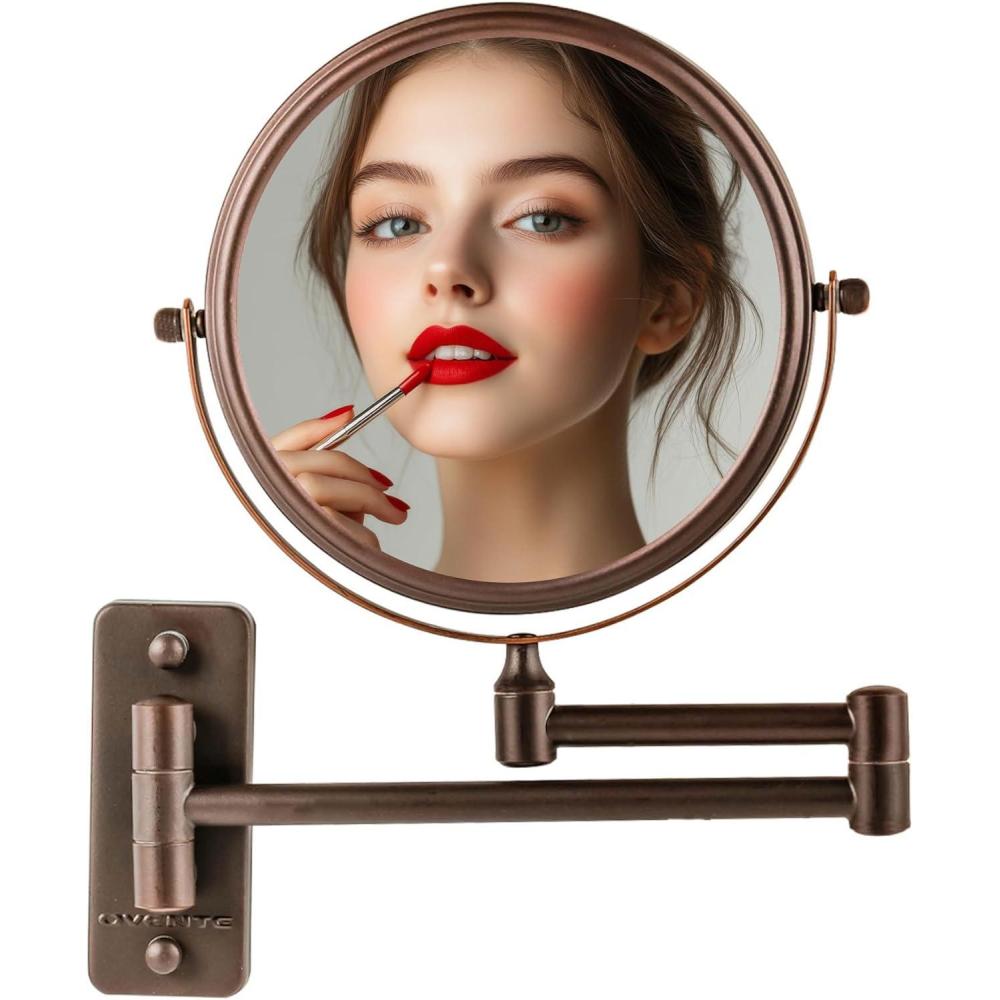 imageOVENTE 9 Wall Mounted Makeup Mirror with 1X7X Magnification Double Sided Magnifying Round Bathroom Vanity Mirror 360 Swivel Design Extendable and Folding Arm Polished Chrome MNLFW90CH1X7XAntique Bronze