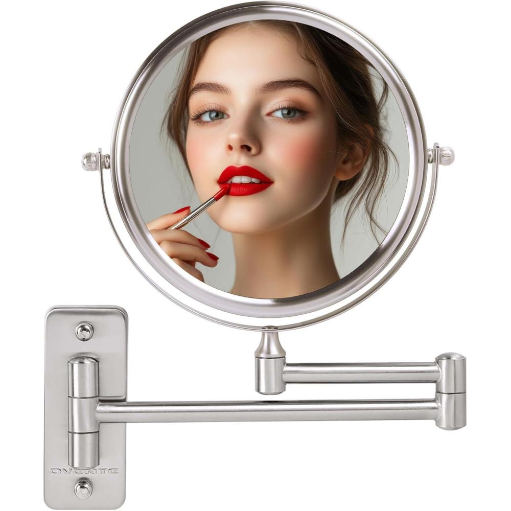 imageOVENTE 9 Wall Mounted Makeup Mirror with 1X7X Magnification Double Sided Magnifying Round Bathroom Vanity Mirror 360 Swivel Design Extendable and Folding Arm Polished Chrome MNLFW90CH1X7XNickel Brushed