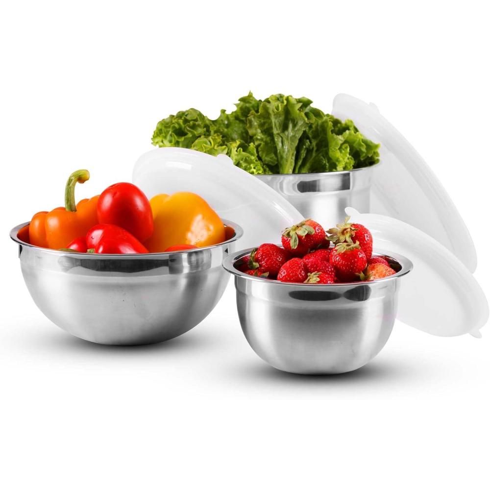 imageOVENTE Mixing Bowl Set with Lids 3Piece Stainless Steel Nesting Bowls for Easy Food Storage Stackable Design Kitchen Essential for Baking Cooking and Prepping Size 5 35 15QT Silver BM46333S5  35  and 15 Quarts