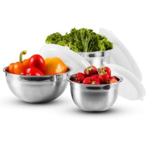 OVENTE Mixing Bowl Set with Lids, 3-Piece Stainless Steel Nesting Bowls for Easy Food Storage, Stackable Design, Kitchen Essential for Baking, Cooking and Prepping, Size 5, 3.5, 1.5QT, Silver BM46333S(5  3.5  and 1.5 Quarts)
