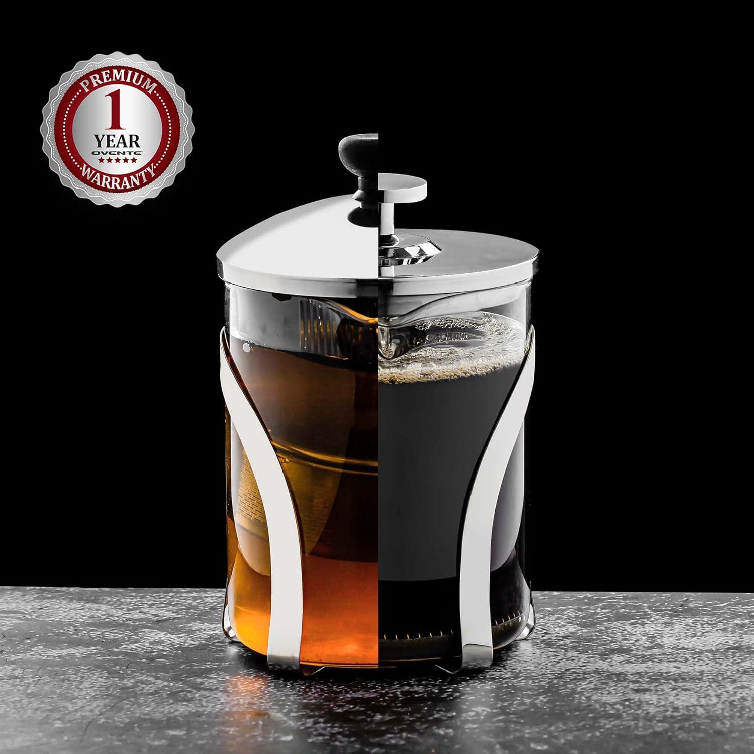 imageOVENTE French Press Coffee Maker 27oz Heat Resistant Borosilicate Glass BPAFree Brewing Pot with 4Level Filter System and Stainless Steel Plunger for Cold Brew Coffee Tea and More Clear FGC27T20 Ounce