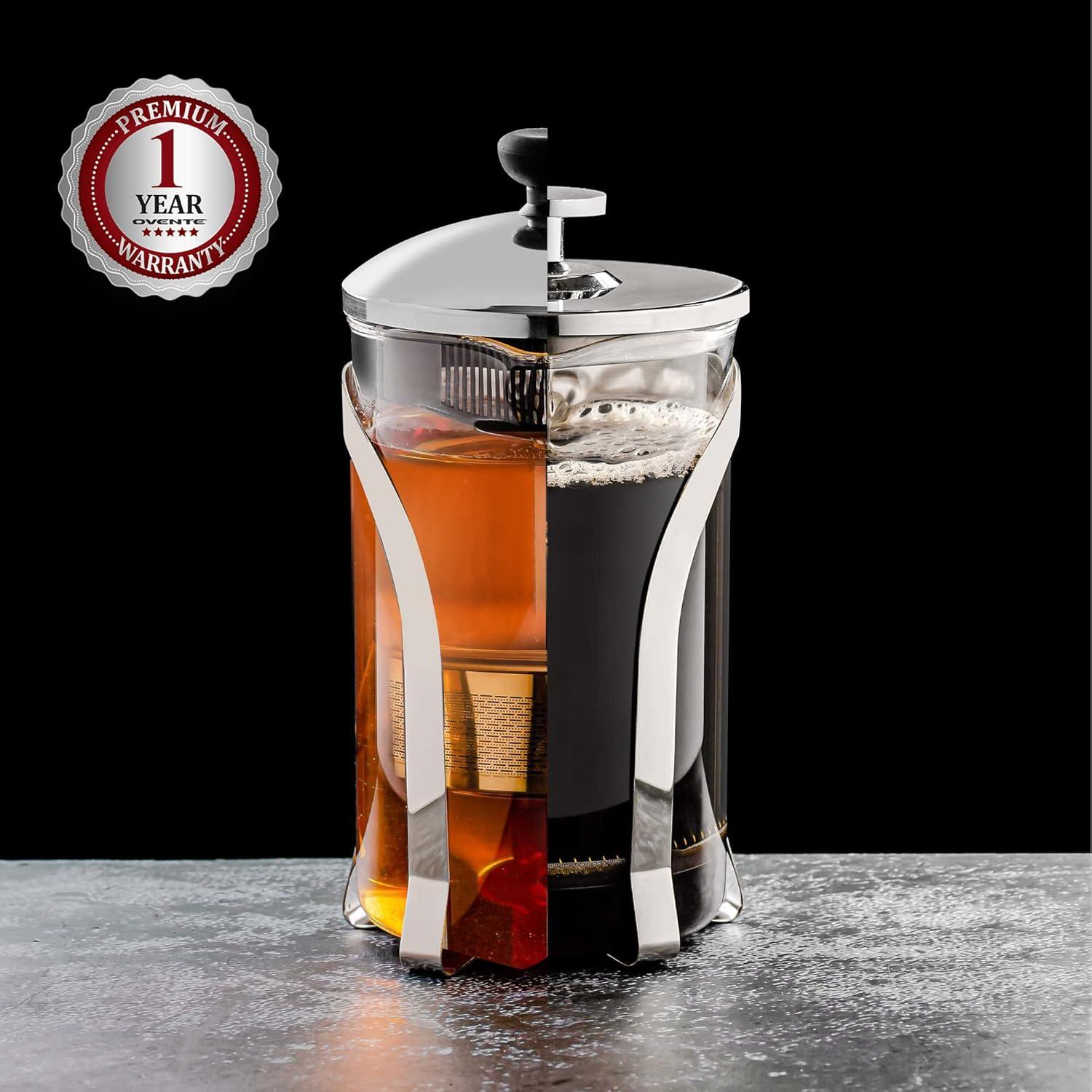 imageOVENTE French Press Coffee Maker 27oz Heat Resistant Borosilicate Glass BPAFree Brewing Pot with 4Level Filter System and Stainless Steel Plunger for Cold Brew Coffee Tea and More Clear FGC27T27 Ounce