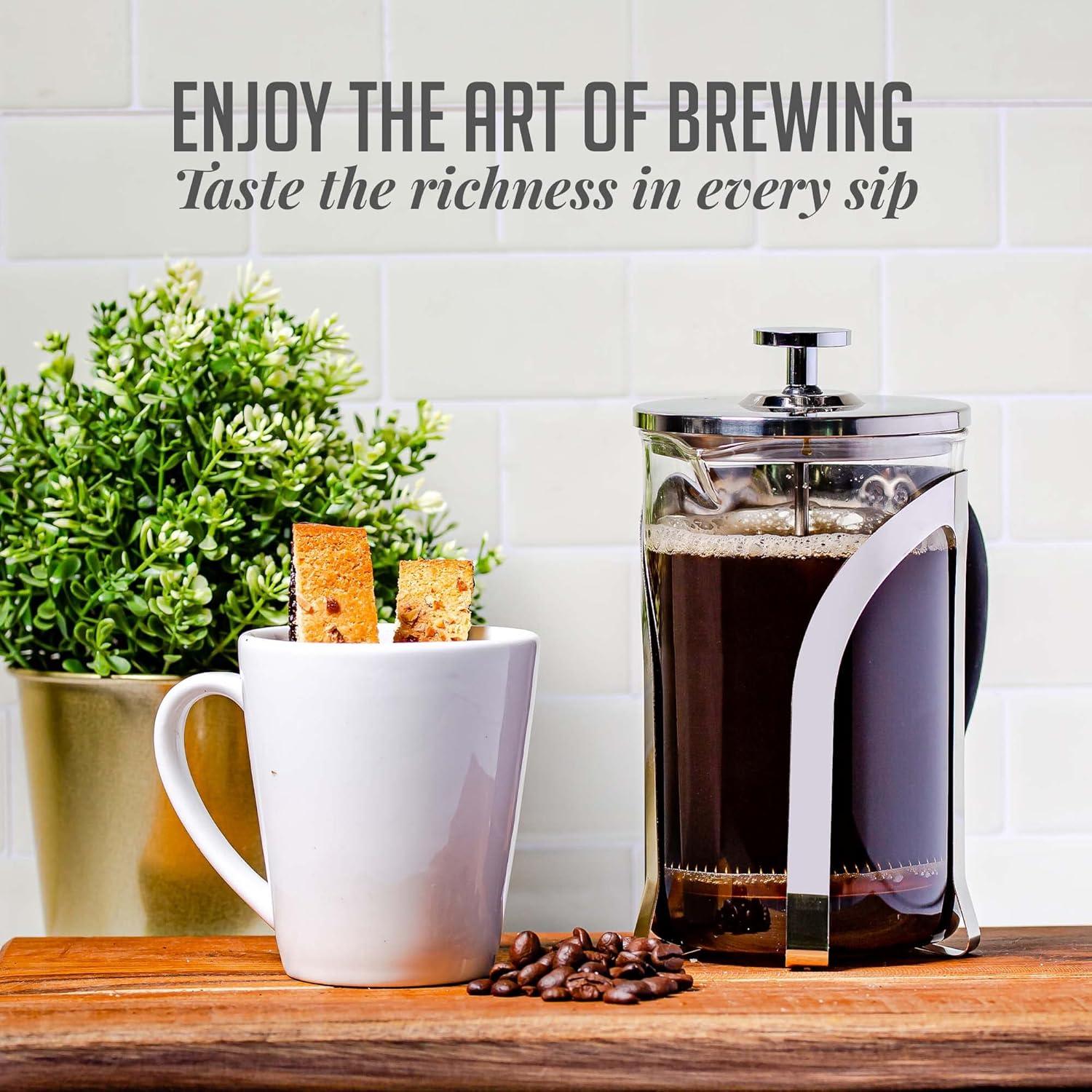 imageOVENTE French Press Coffee Maker 27oz Heat Resistant Borosilicate Glass BPAFree Brewing Pot with 4Level Filter System and Stainless Steel Plunger for Cold Brew Coffee Tea and More Clear FGC27T34 Ounce