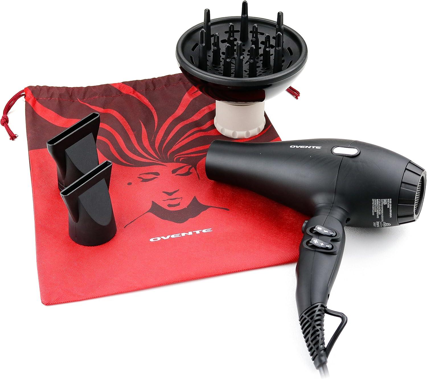 imageOvente 1875 Watt Professional Hair Dryer with Diffuser Ionic amp Tourmaline Technology For Body Volume amp Smoothing Concentrator Attachment amp Travel Bag Lightweight for Home Use Black amp Red X3400BRBlack