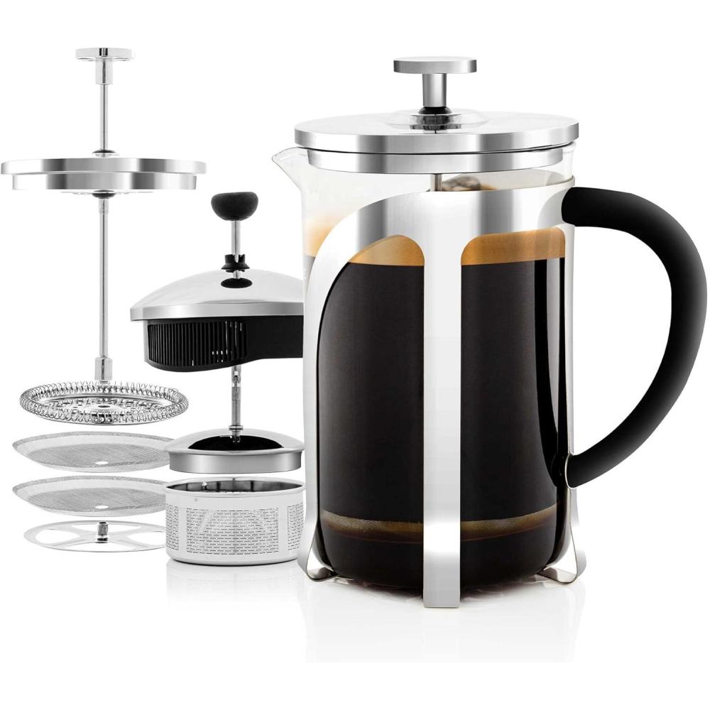imageOVENTE French Press Coffee Maker 27oz Heat Resistant Borosilicate Glass BPAFree Brewing Pot with 4Level Filter System and Stainless Steel Plunger for Cold Brew Coffee Tea and More Clear FGC27T27 Ounce