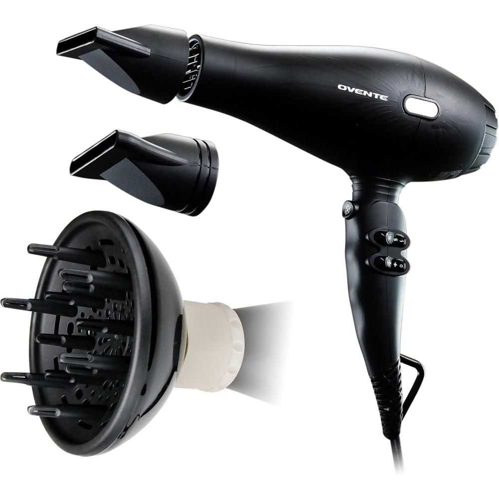 imageOvente 1875 Watt Professional Hair Dryer with Diffuser Ionic amp Tourmaline Technology For Body Volume amp Smoothing Concentrator Attachment amp Travel Bag Lightweight for Home Use Black amp Red X3400BRBlack