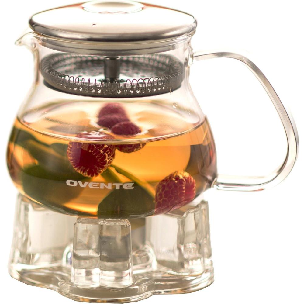 imageOvente Glass Teapot with High Grade Stainless Steel Infuser 27 Ounce with Free Measuring Scoop Heat Tempered Borosilicate Teapot Warmer with Leak and Spill Proof Technology Clear FGB27T
