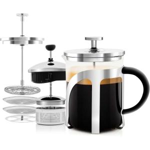 OVENTE French Press Coffee Maker, 27oz Heat Resistant Borosilicate Glass, BPA-Free Brewing Pot with 4-Level Filter System and Stainless Steel Plunger for Cold Brew Coffee, Tea and More, Clear FGC27T(20 Ounce)