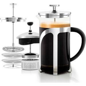 OVENTE French Press Coffee Maker, 27oz Heat Resistant Borosilicate Glass, BPA-Free Brewing Pot with 4-Level Filter System and Stainless Steel Plunger for Cold Brew Coffee, Tea and More, Clear FGC27T(34 Ounce)