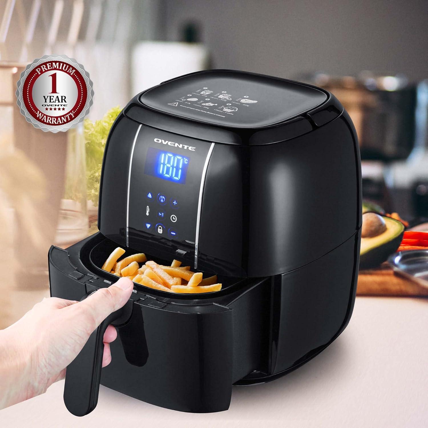 imageOVENTE Compact Air Fryer 32 Quart Electric Hot Cooker with 1400W Power Digital LED Touch Screen Auto Shutoff Dishwasher Safe NonStick Basket Perfect for Healthy amp Oilless Food Black FAD61302B