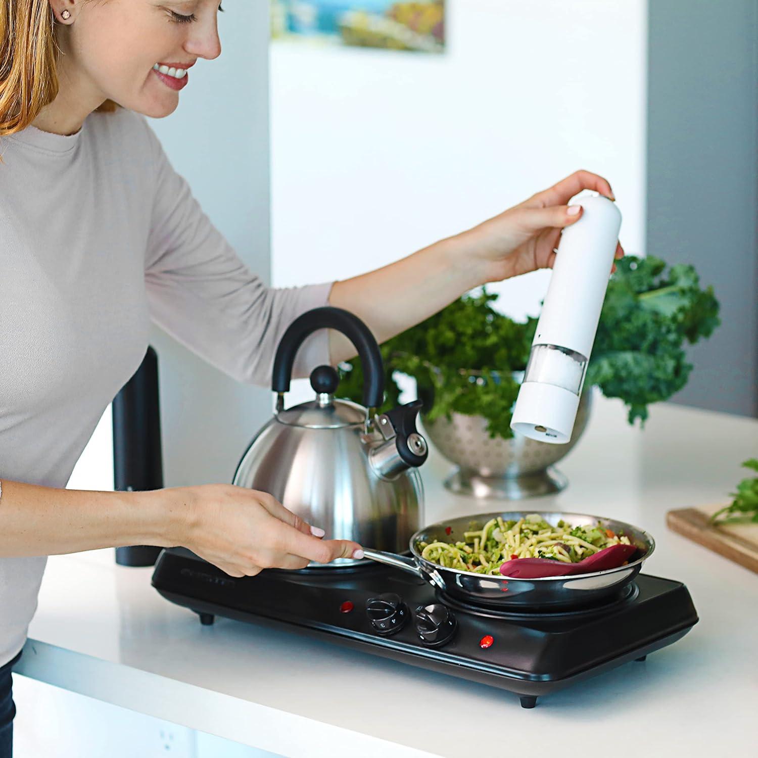 imageOVENTE Countertop Infrared Double Burner 1700W Electric Hot Plate and Portable Stove with 775 and 675 Ceramic Glass Cooktop 5 Level Temperature Setting and Easy to Clean Base Black BGI102BBGI102B Black