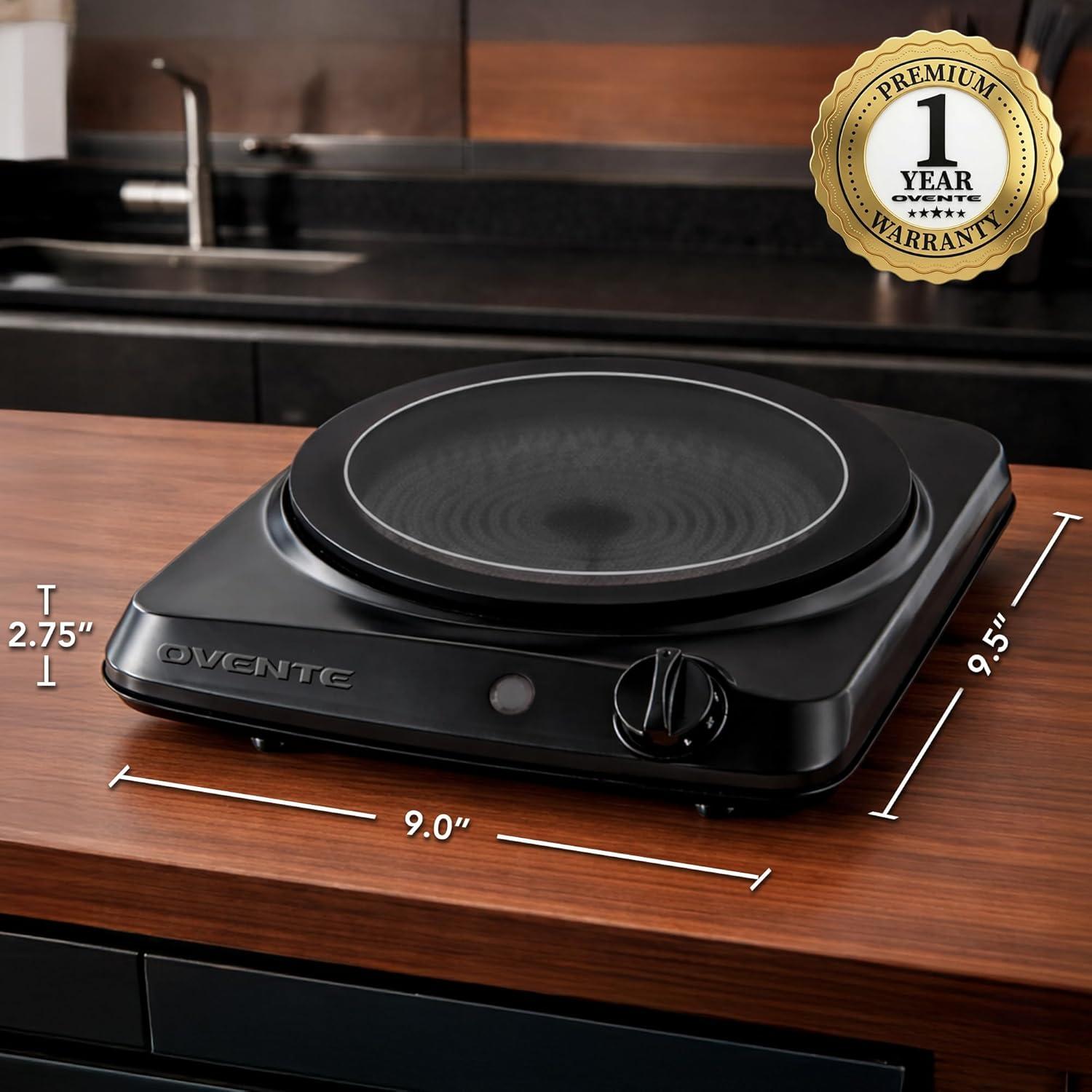 imageOVENTE Countertop Infrared Double Burner 1700W Electric Hot Plate and Portable Stove with 775 and 675 Ceramic Glass Cooktop 5 Level Temperature Setting and Easy to Clean Base Black BGI102BBGI101B Black