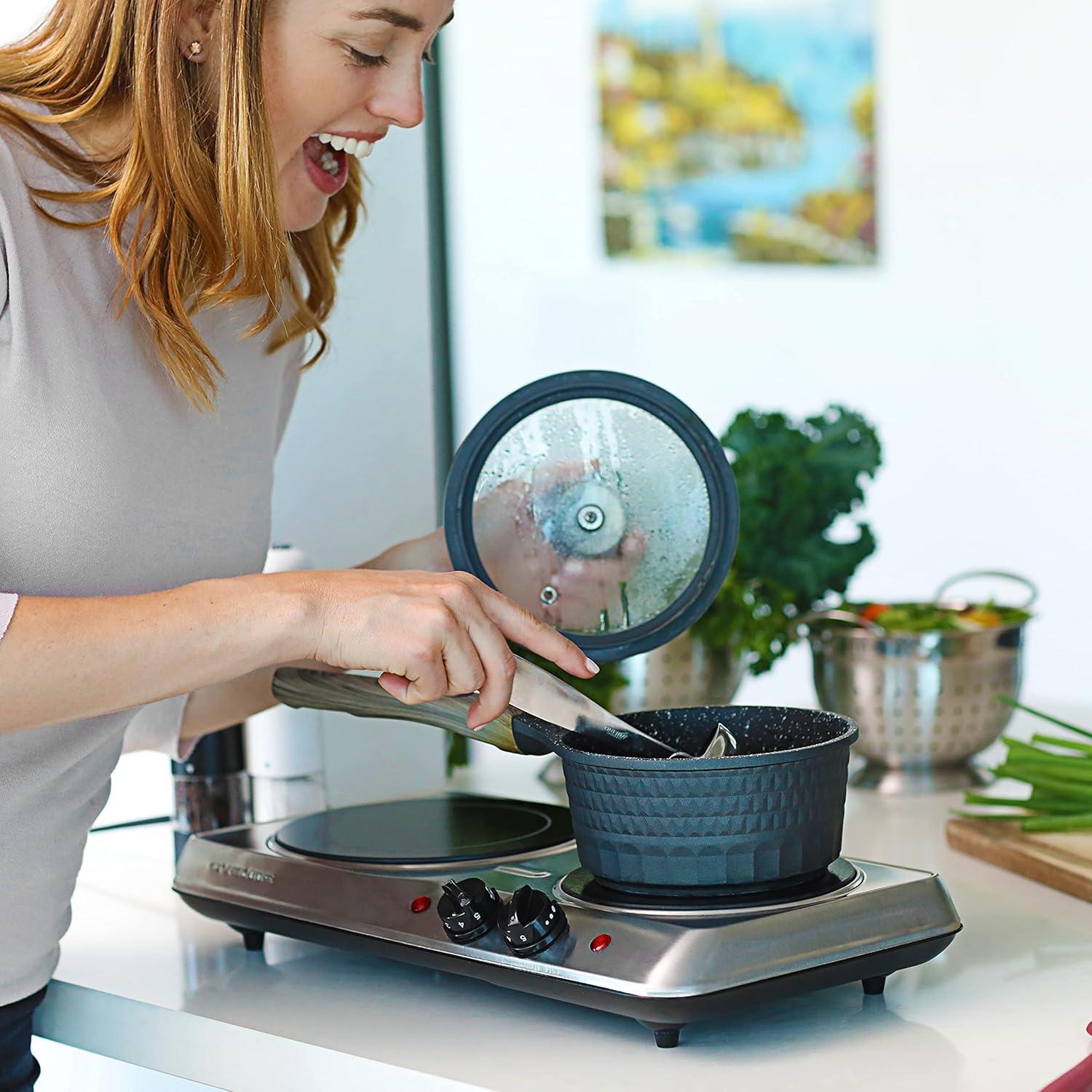 imageOVENTE Countertop Infrared Double Burner 1700W Electric Hot Plate and Portable Stove with 775 and 675 Ceramic Glass Cooktop 5 Level Temperature Setting and Easy to Clean Base Black BGI102BBGI102S Silver