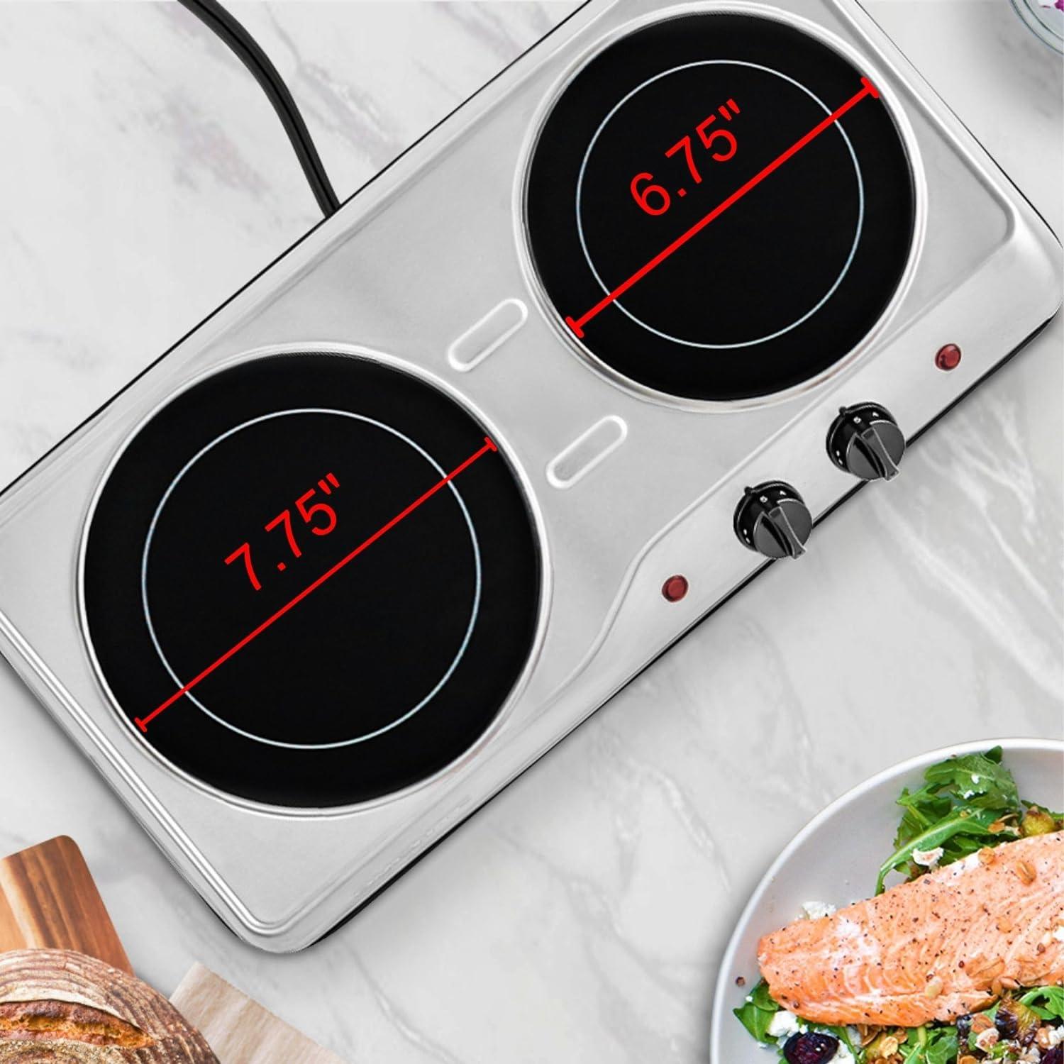 imageOVENTE Countertop Infrared Double Burner 1700W Electric Hot Plate and Portable Stove with 775 and 675 Ceramic Glass Cooktop 5 Level Temperature Setting and Easy to Clean Base Black BGI102BBGI102S Silver