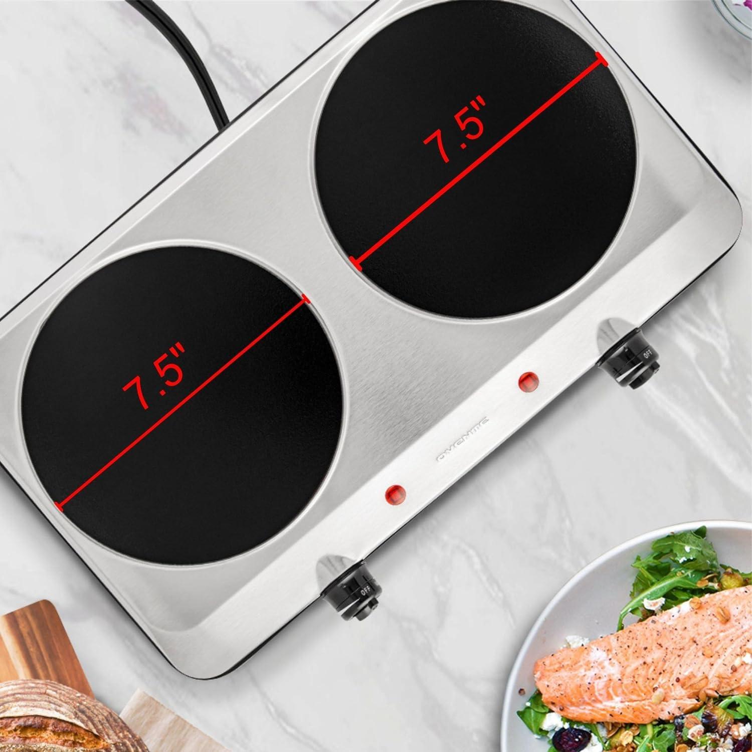 imageOVENTE Countertop Infrared Double Burner 1700W Electric Hot Plate and Portable Stove with 775 and 675 Ceramic Glass Cooktop 5 Level Temperature Setting and Easy to Clean Base Black BGI102BBGI202S Silver