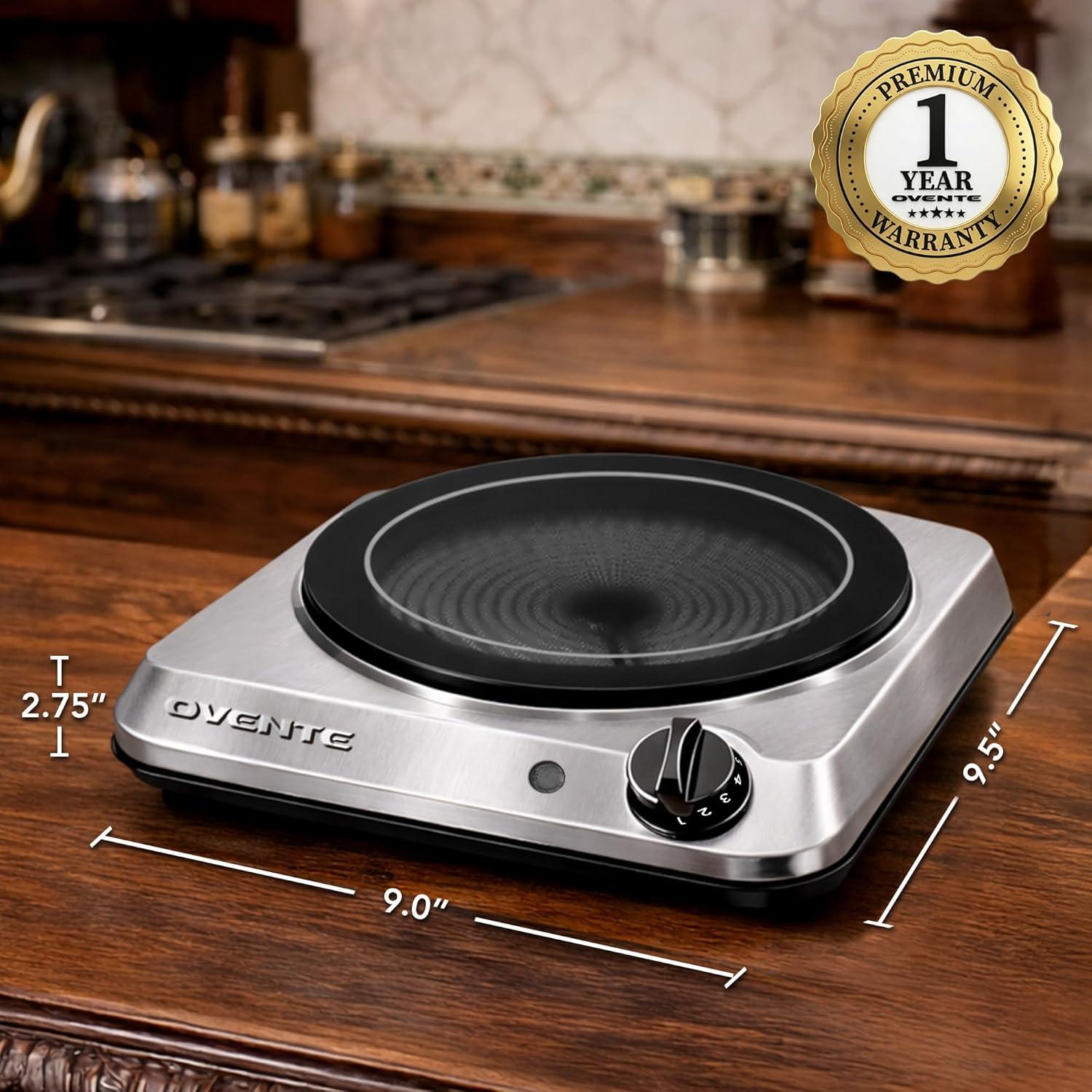 imageOVENTE Countertop Infrared Double Burner 1700W Electric Hot Plate and Portable Stove with 775 and 675 Ceramic Glass Cooktop 5 Level Temperature Setting and Easy to Clean Base Black BGI102BBGI101S Silver