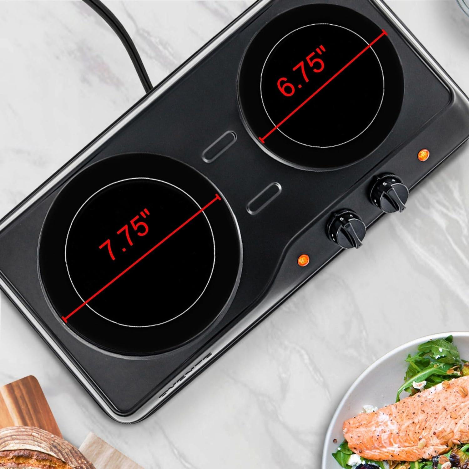 imageOVENTE Countertop Infrared Double Burner 1700W Electric Hot Plate and Portable Stove with 775 and 675 Ceramic Glass Cooktop 5 Level Temperature Setting and Easy to Clean Base Black BGI102BBGI102B Black