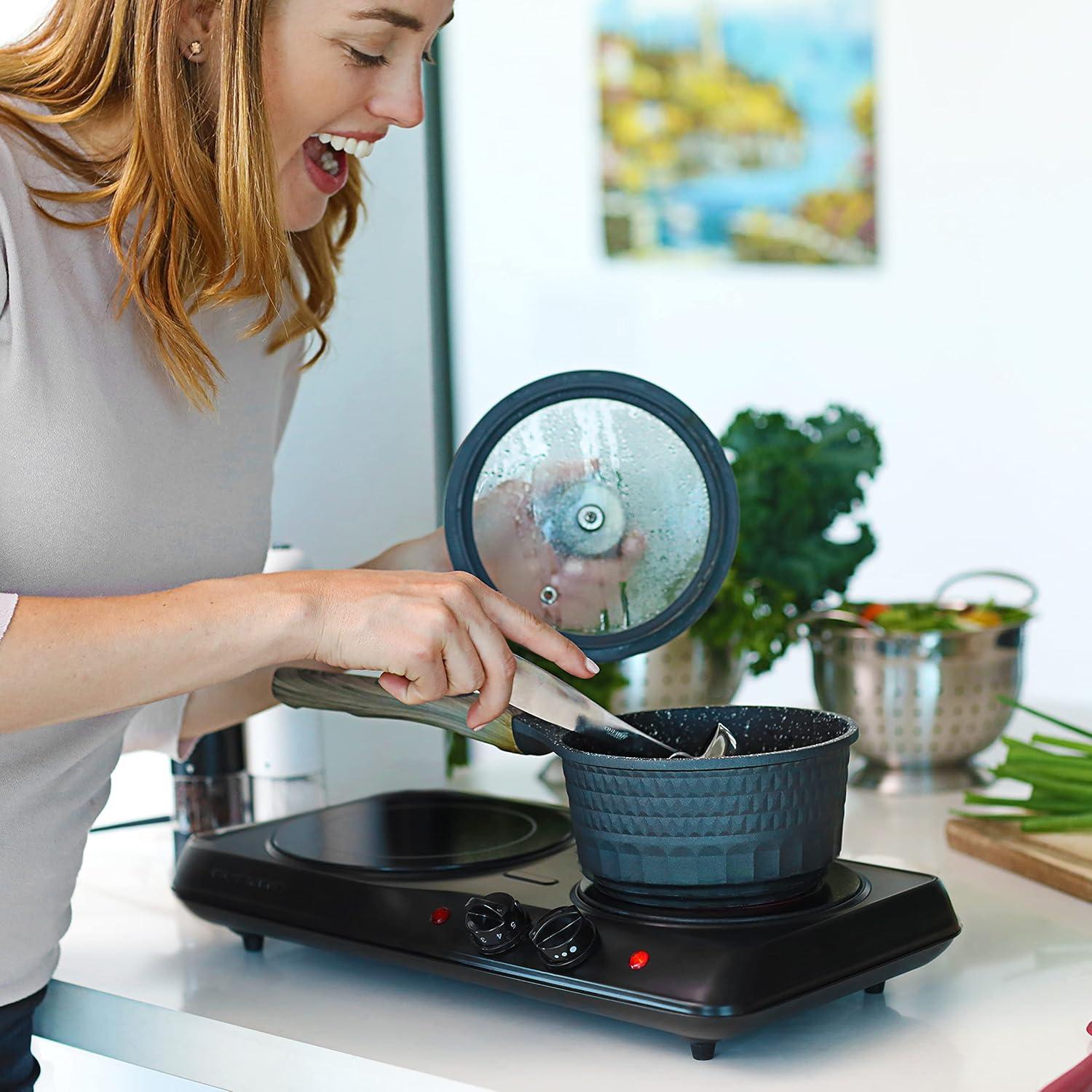 imageOVENTE Countertop Infrared Double Burner 1700W Electric Hot Plate and Portable Stove with 775 and 675 Ceramic Glass Cooktop 5 Level Temperature Setting and Easy to Clean Base Black BGI102BBGI102B Black