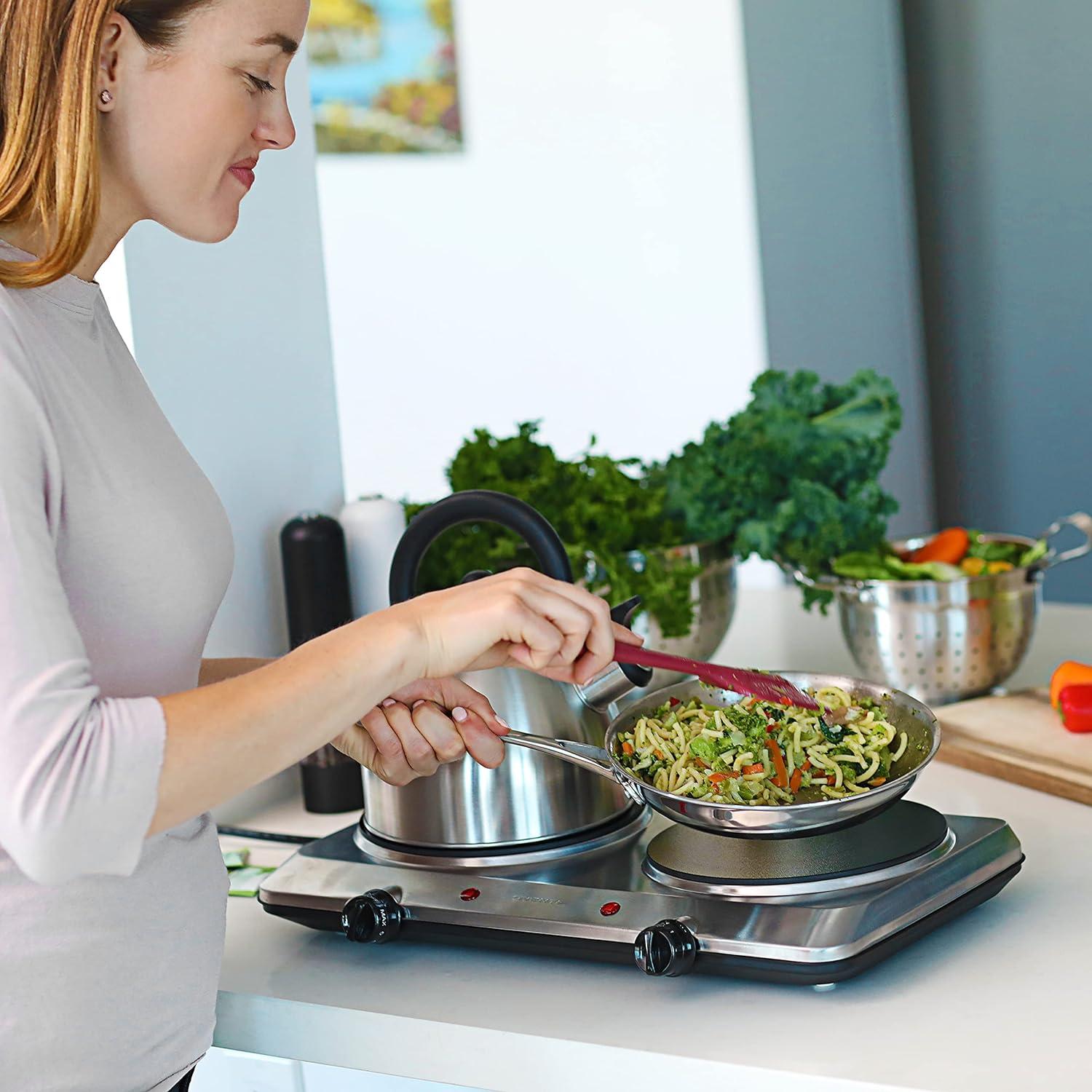 imageOVENTE Countertop Infrared Double Burner 1700W Electric Hot Plate and Portable Stove with 775 and 675 Ceramic Glass Cooktop 5 Level Temperature Setting and Easy to Clean Base Black BGI102BBGI202S Silver