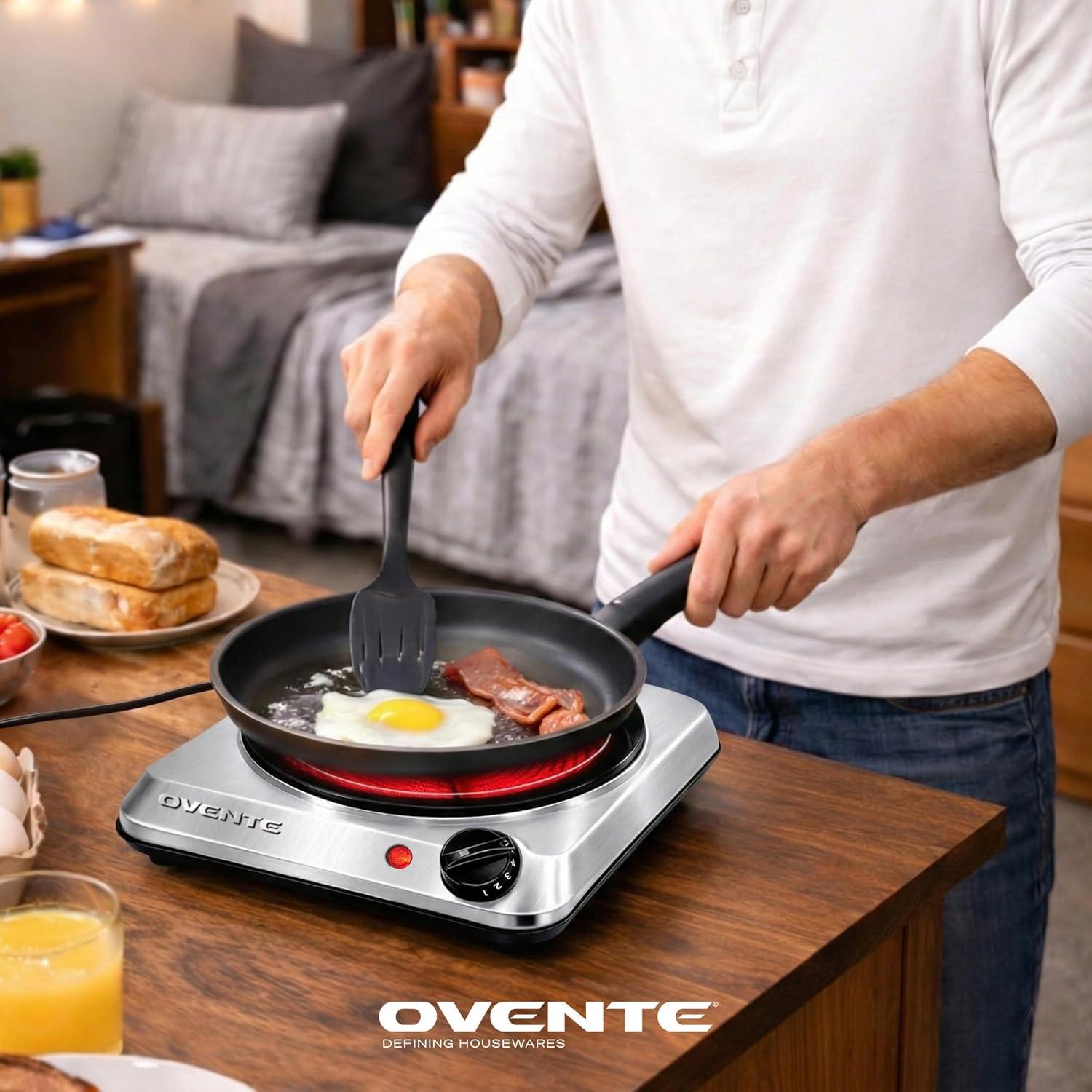 imageOVENTE Countertop Infrared Double Burner 1700W Electric Hot Plate and Portable Stove with 775 and 675 Ceramic Glass Cooktop 5 Level Temperature Setting and Easy to Clean Base Black BGI102BBGI101S Silver