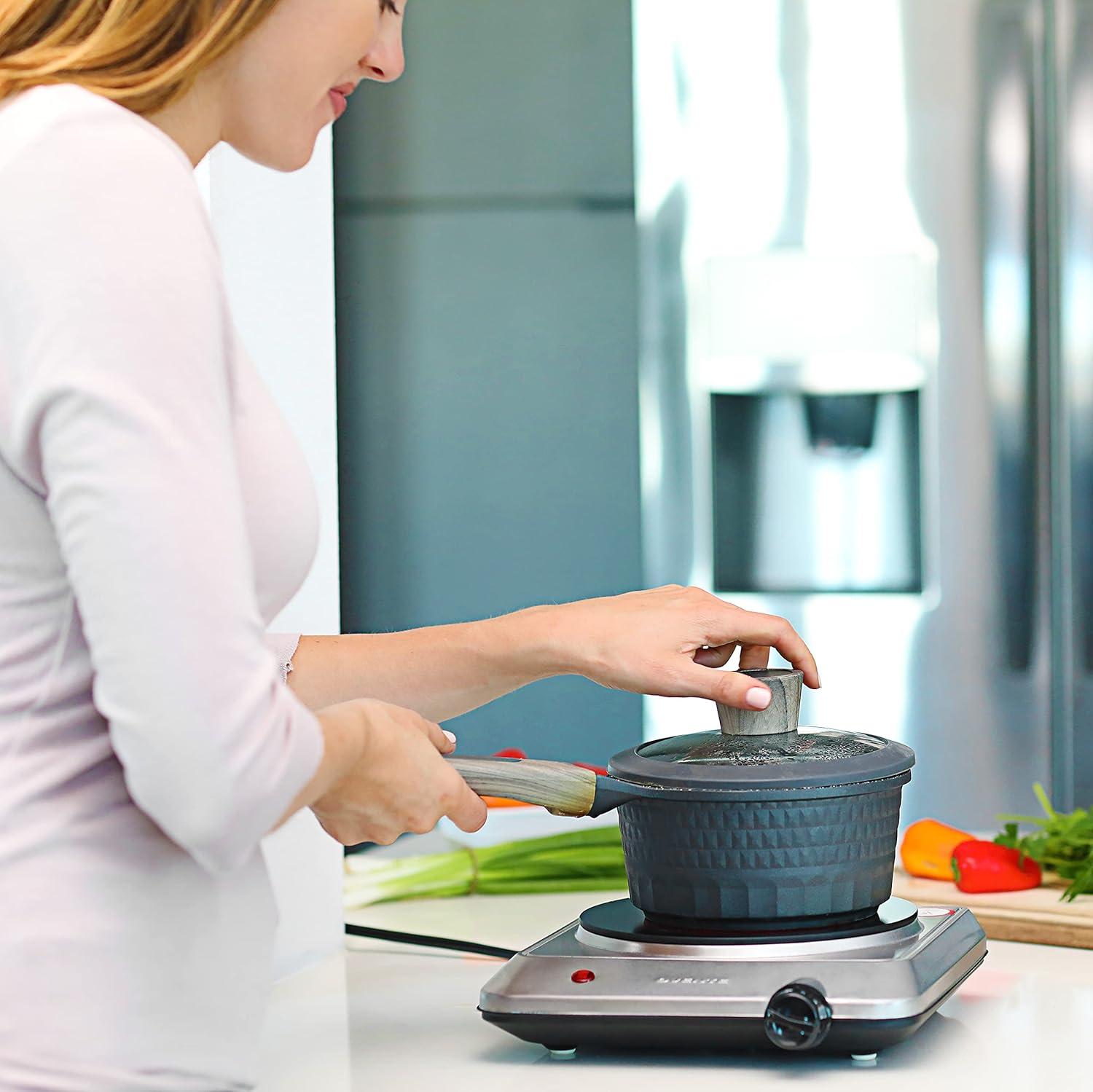 imageOVENTE Countertop Infrared Double Burner 1700W Electric Hot Plate and Portable Stove with 775 and 675 Ceramic Glass Cooktop 5 Level Temperature Setting and Easy to Clean Base Black BGI102BBGI201S Silver