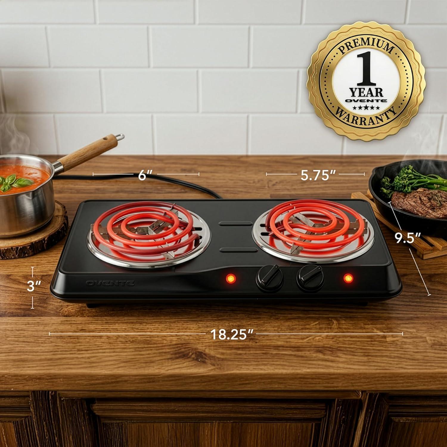 imageOVENTE Electric Countertop Double Burner 1700W Cooktop with 6 and 575 Stainless Steel Coil Hot Plates 5 Level Temperature Control Indicator Lights and Easy to Clean Cooking Stove Black BGC102BBGC102B Black