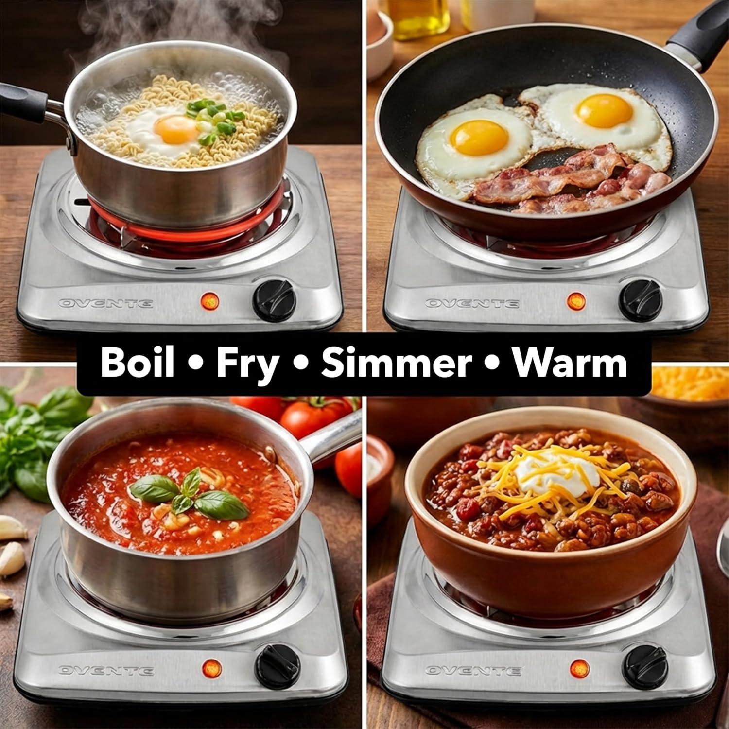 imageOVENTE Electric Countertop Double Burner 1700W Cooktop with 6 and 575 Stainless Steel Coil Hot Plates 5 Level Temperature Control Indicator Lights and Easy to Clean Cooking Stove Black BGC102BBGC101S Silver