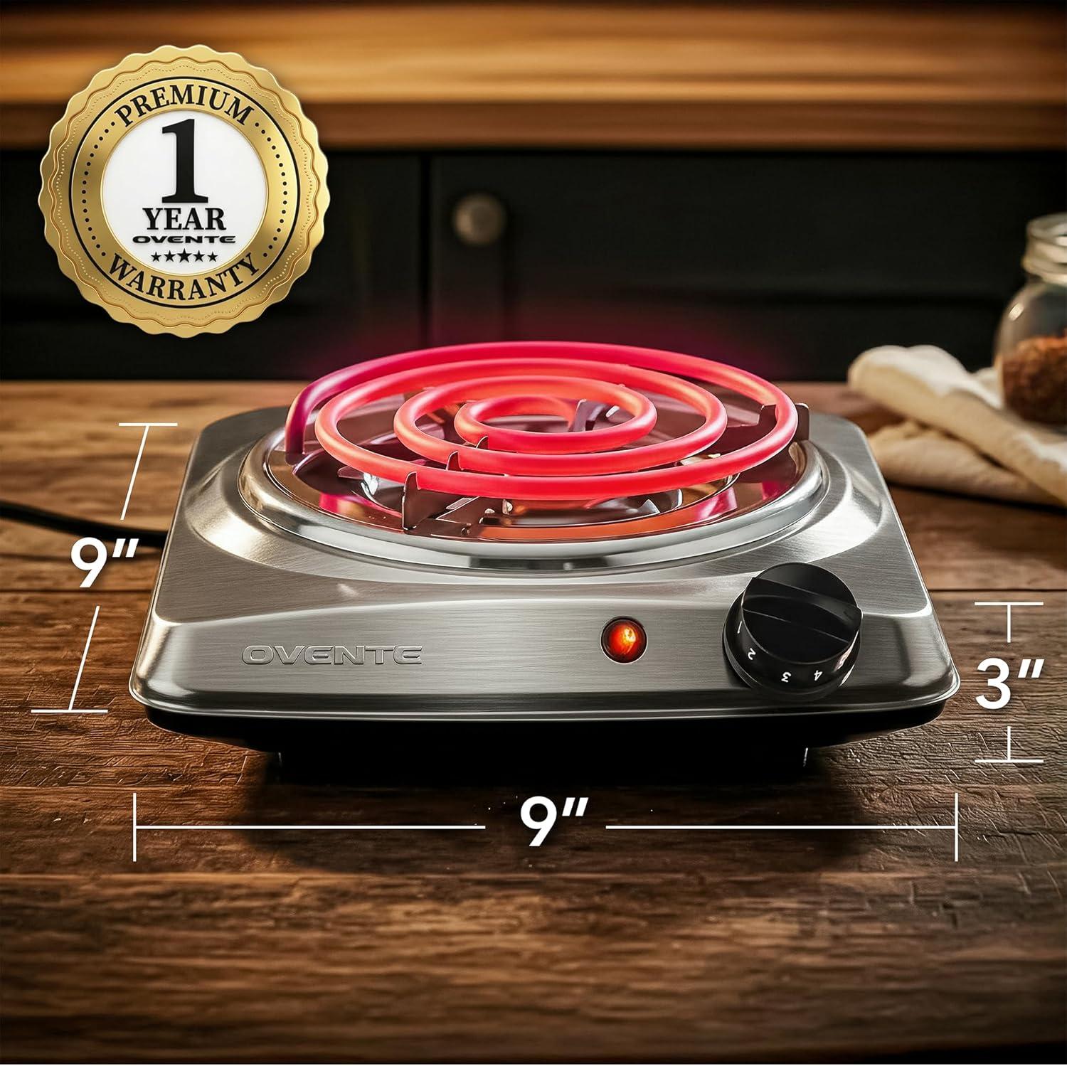 imageOVENTE Electric Countertop Double Burner 1700W Cooktop with 6 and 575 Stainless Steel Coil Hot Plates 5 Level Temperature Control Indicator Lights and Easy to Clean Cooking Stove Black BGC102BBGC101S Silver