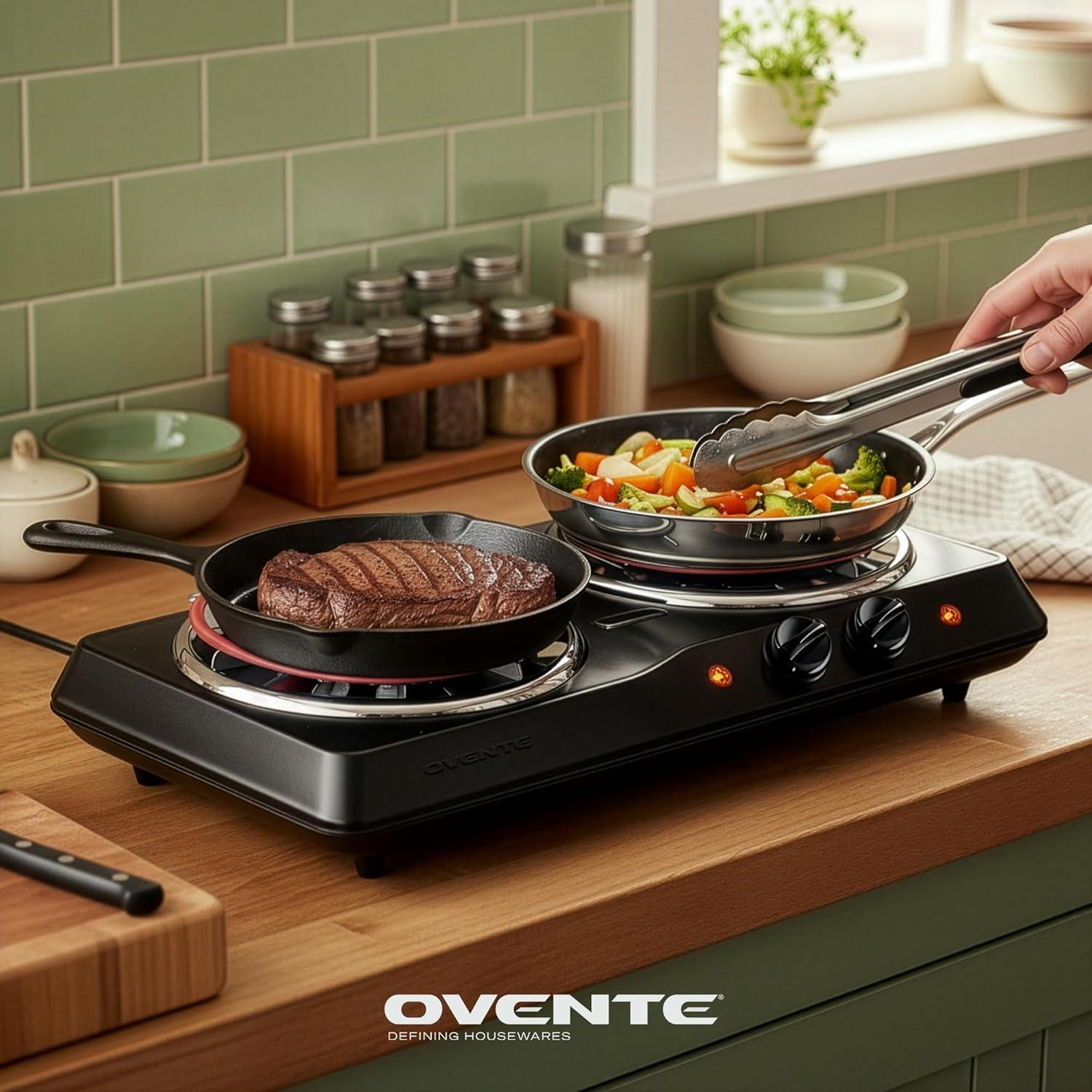 imageOVENTE Electric Countertop Double Burner 1700W Cooktop with 6 and 575 Stainless Steel Coil Hot Plates 5 Level Temperature Control Indicator Lights and Easy to Clean Cooking Stove Black BGC102BBGC102B Black