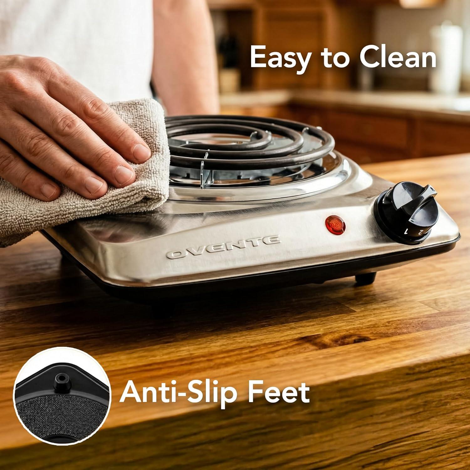 imageOVENTE Electric Countertop Double Burner 1700W Cooktop with 6 and 575 Stainless Steel Coil Hot Plates 5 Level Temperature Control Indicator Lights and Easy to Clean Cooking Stove Black BGC102BBGC101S Silver