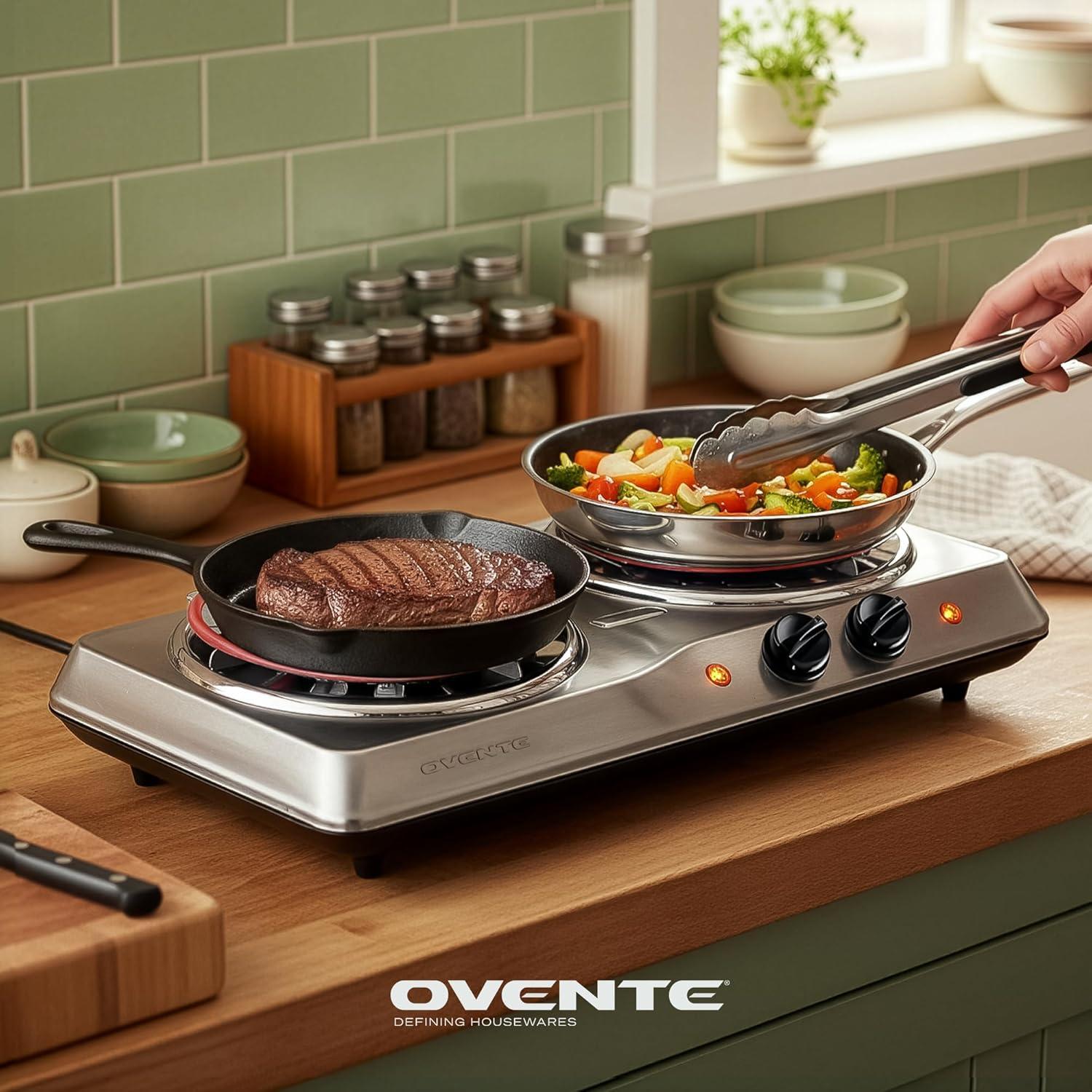 imageOVENTE Electric Countertop Double Burner 1700W Cooktop with 6 and 575 Stainless Steel Coil Hot Plates 5 Level Temperature Control Indicator Lights and Easy to Clean Cooking Stove Black BGC102BBGC102S Silver