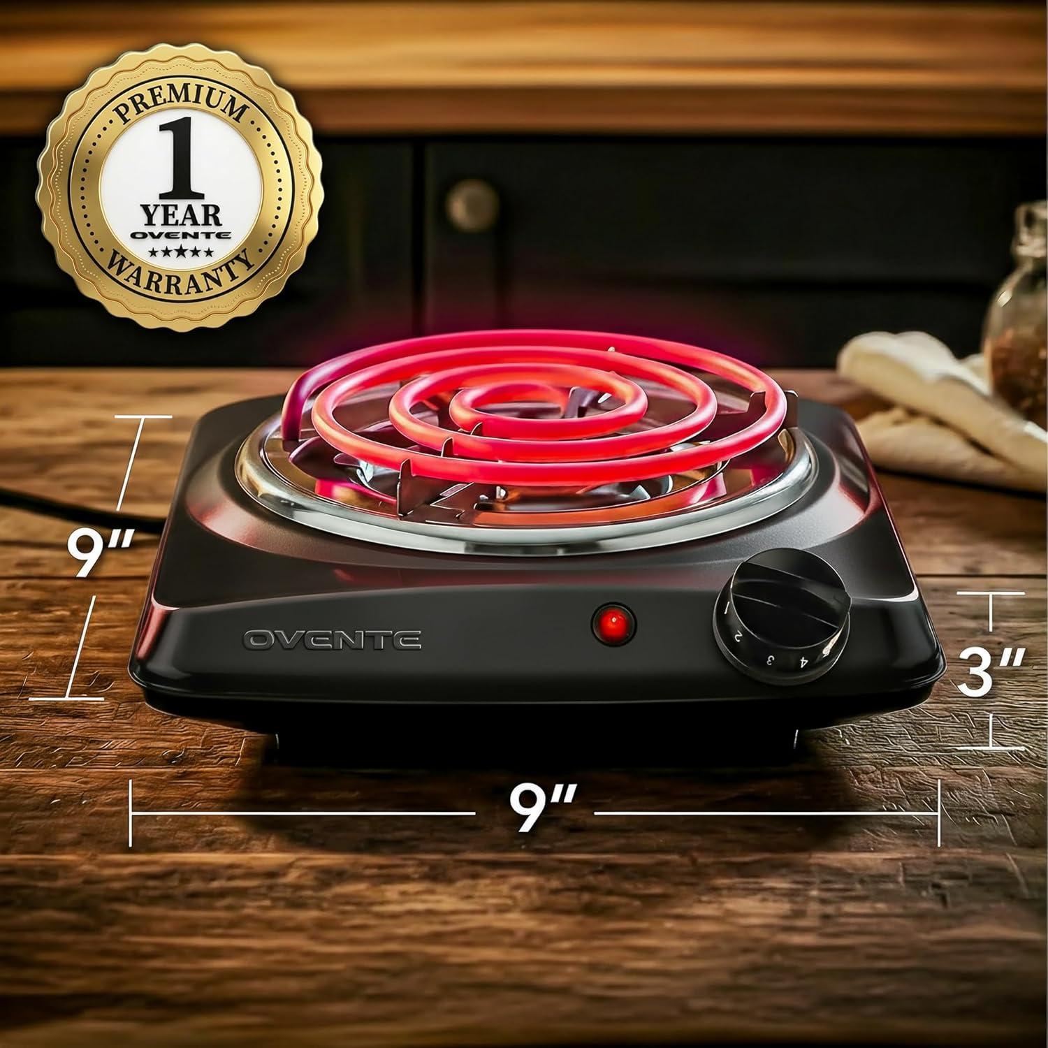 imageOVENTE Electric Countertop Double Burner 1700W Cooktop with 6 and 575 Stainless Steel Coil Hot Plates 5 Level Temperature Control Indicator Lights and Easy to Clean Cooking Stove Black BGC102BBGC101B Black