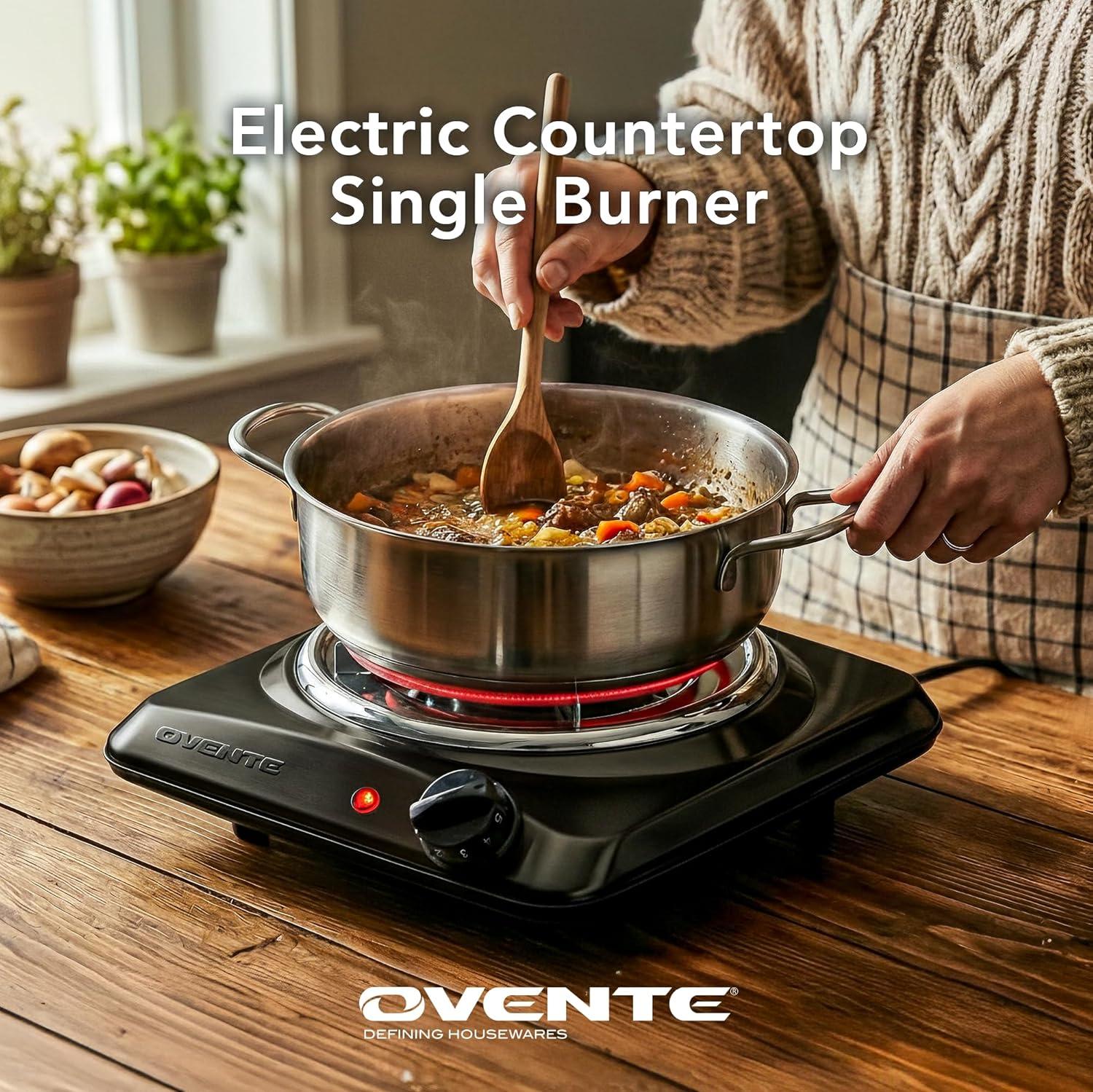imageOVENTE Electric Countertop Double Burner 1700W Cooktop with 6 and 575 Stainless Steel Coil Hot Plates 5 Level Temperature Control Indicator Lights and Easy to Clean Cooking Stove Black BGC102BBGC101B Black