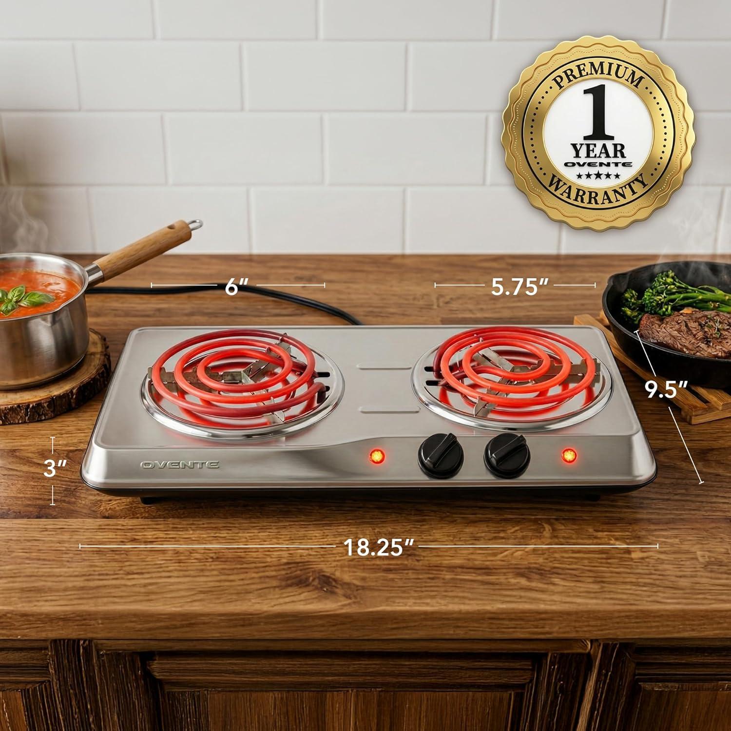 imageOVENTE Electric Countertop Double Burner 1700W Cooktop with 6 and 575 Stainless Steel Coil Hot Plates 5 Level Temperature Control Indicator Lights and Easy to Clean Cooking Stove Black BGC102BBGC102S Silver