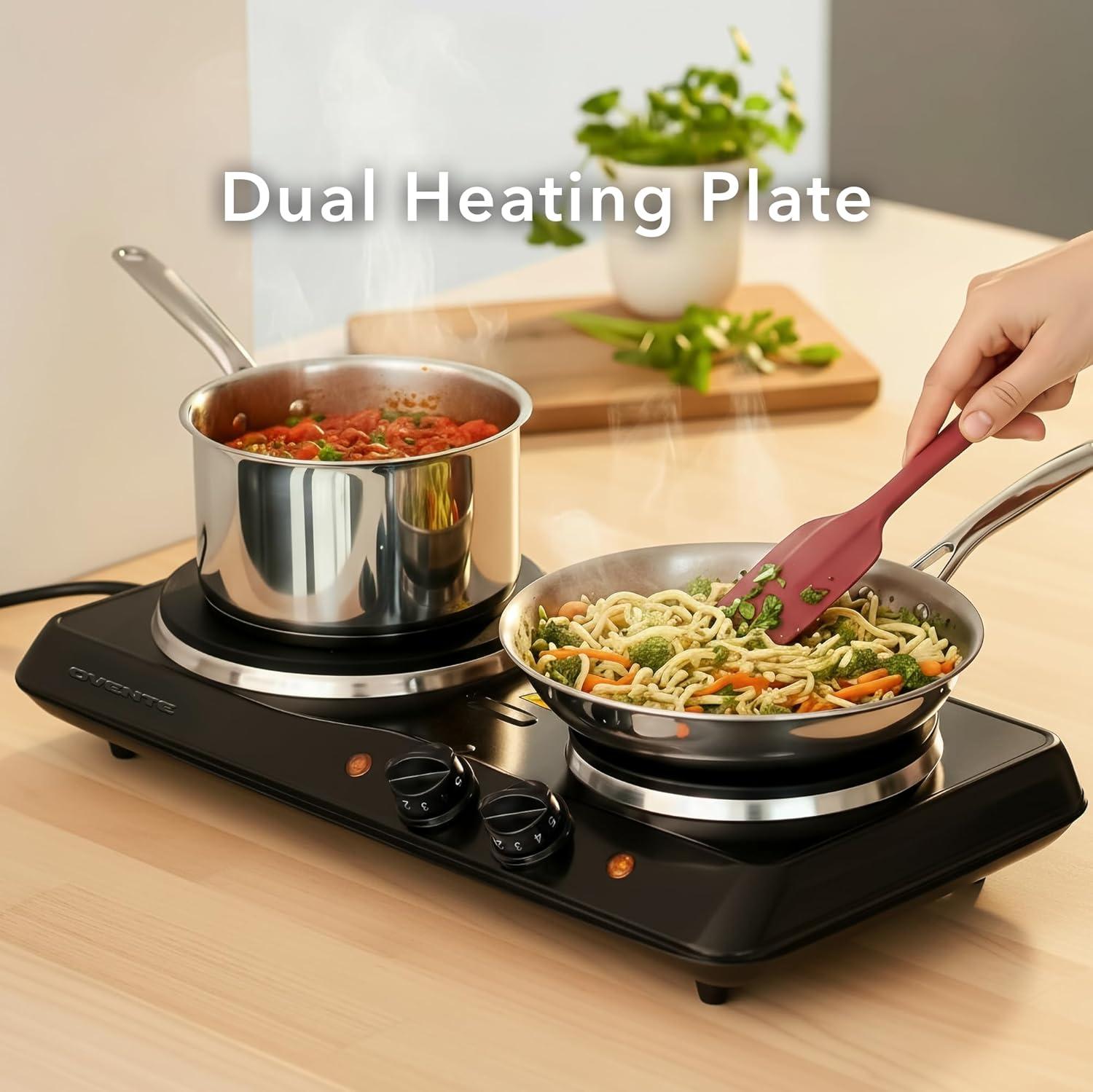 imageOVENTE Electric Countertop Single Burner 1000W Cooktop with 725 Inch Cast Iron Hot Plate 5 Level Temperature Control Compact Cooking Stove and Easy to Clean Stainless Steel Base Silver BGS101SBGS102B Black