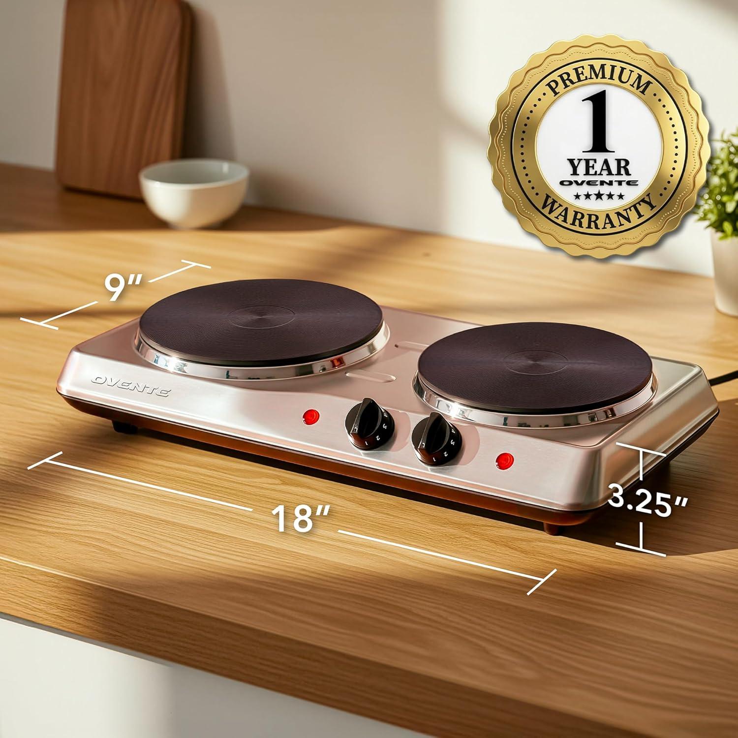 imageOVENTE Electric Countertop Single Burner 1000W Cooktop with 725 Inch Cast Iron Hot Plate 5 Level Temperature Control Compact Cooking Stove and Easy to Clean Stainless Steel Base Silver BGS101SBGS102S Silver