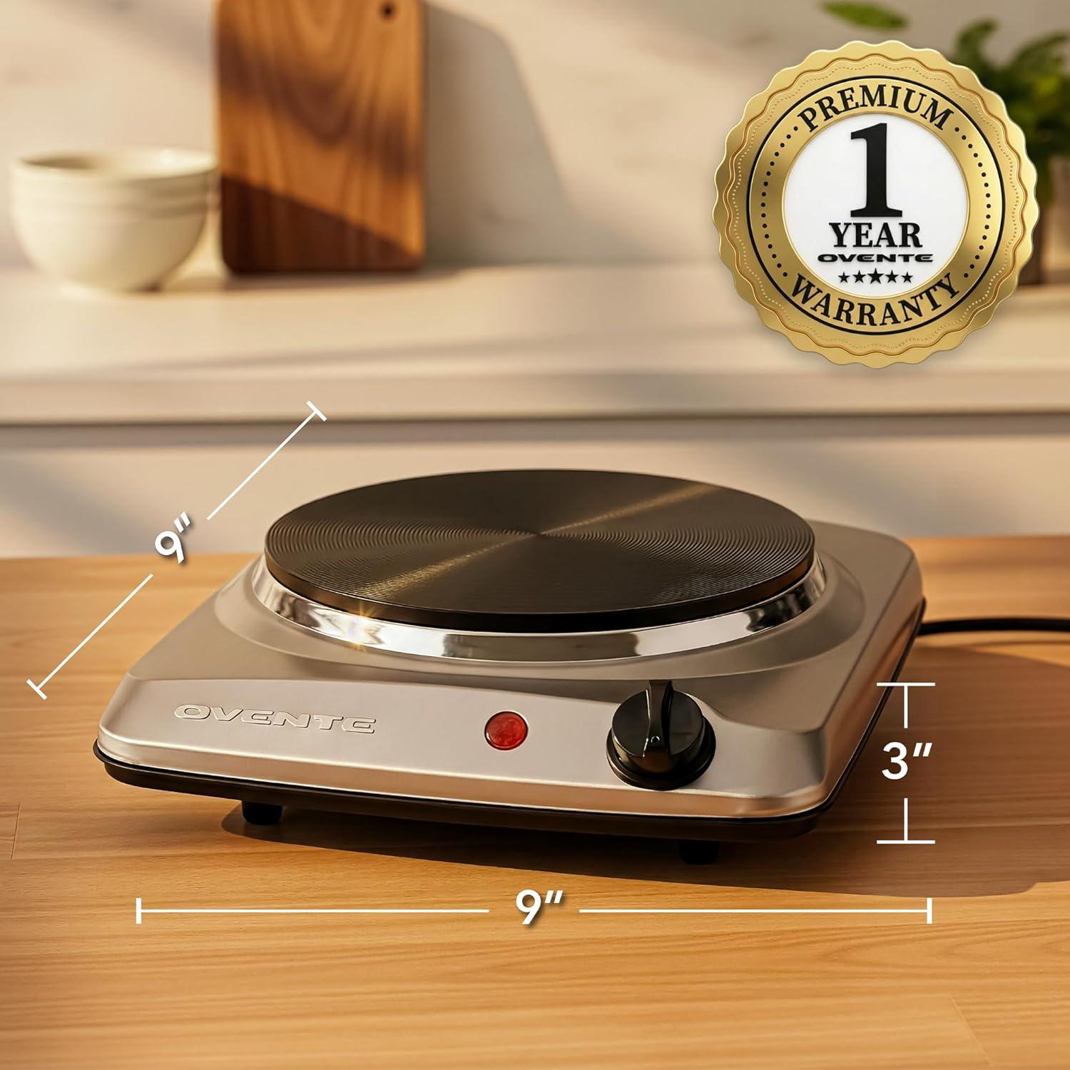 imageOVENTE Electric Countertop Single Burner 1000W Cooktop with 725 Inch Cast Iron Hot Plate 5 Level Temperature Control Compact Cooking Stove and Easy to Clean Stainless Steel Base Silver BGS101SBGS101S Silver