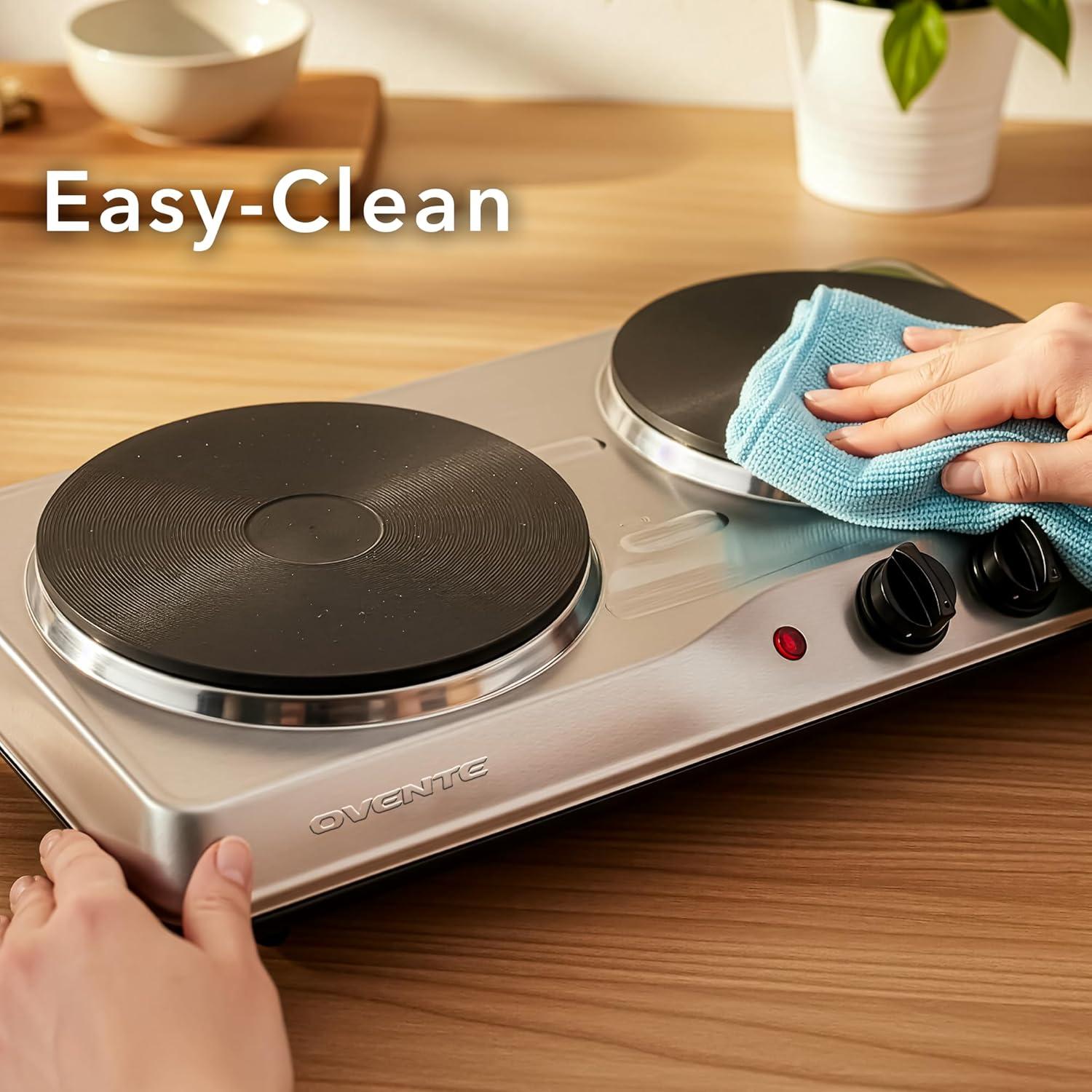 imageOVENTE Electric Countertop Single Burner 1000W Cooktop with 725 Inch Cast Iron Hot Plate 5 Level Temperature Control Compact Cooking Stove and Easy to Clean Stainless Steel Base Silver BGS101SBGS102S Silver