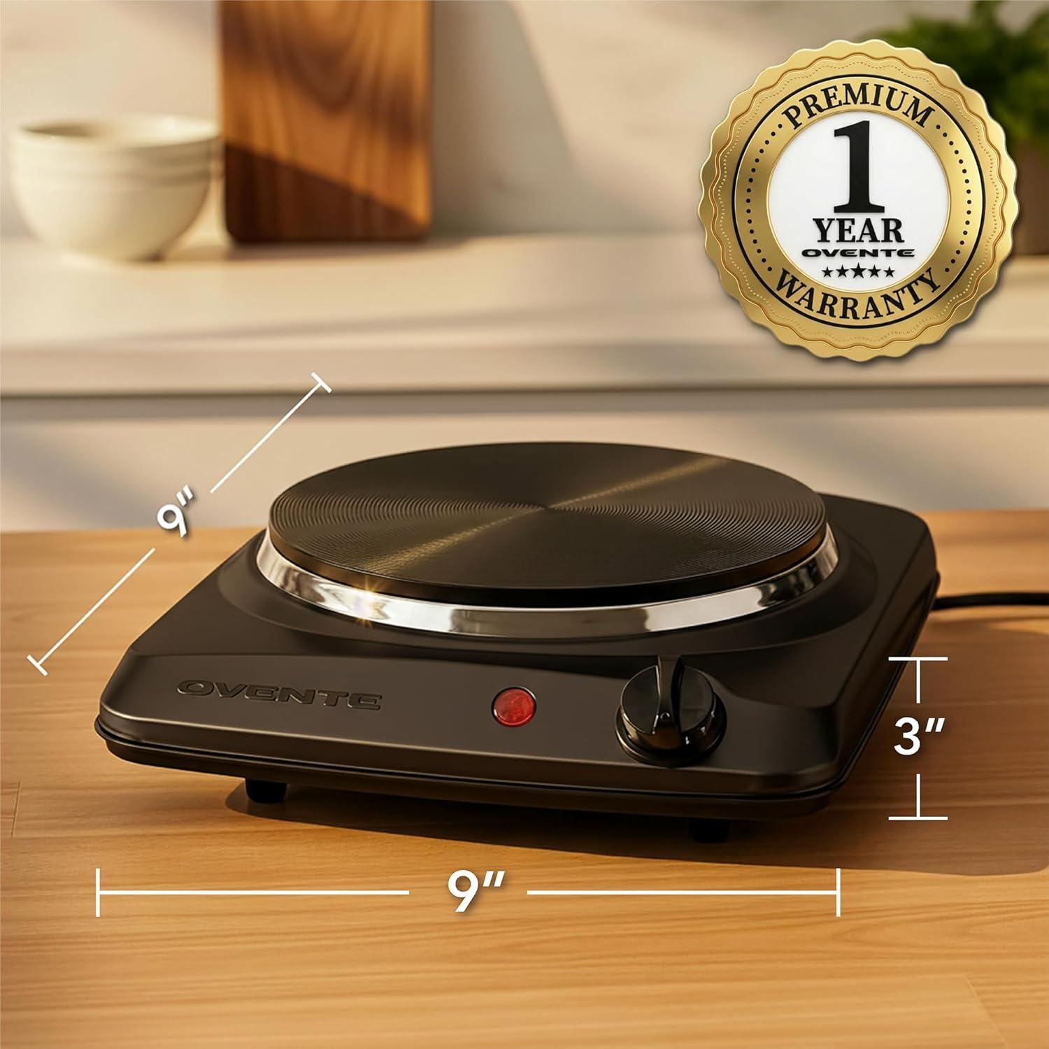 imageOVENTE Electric Countertop Single Burner 1000W Cooktop with 725 Inch Cast Iron Hot Plate 5 Level Temperature Control Compact Cooking Stove and Easy to Clean Stainless Steel Base Silver BGS101SBGS101B Black