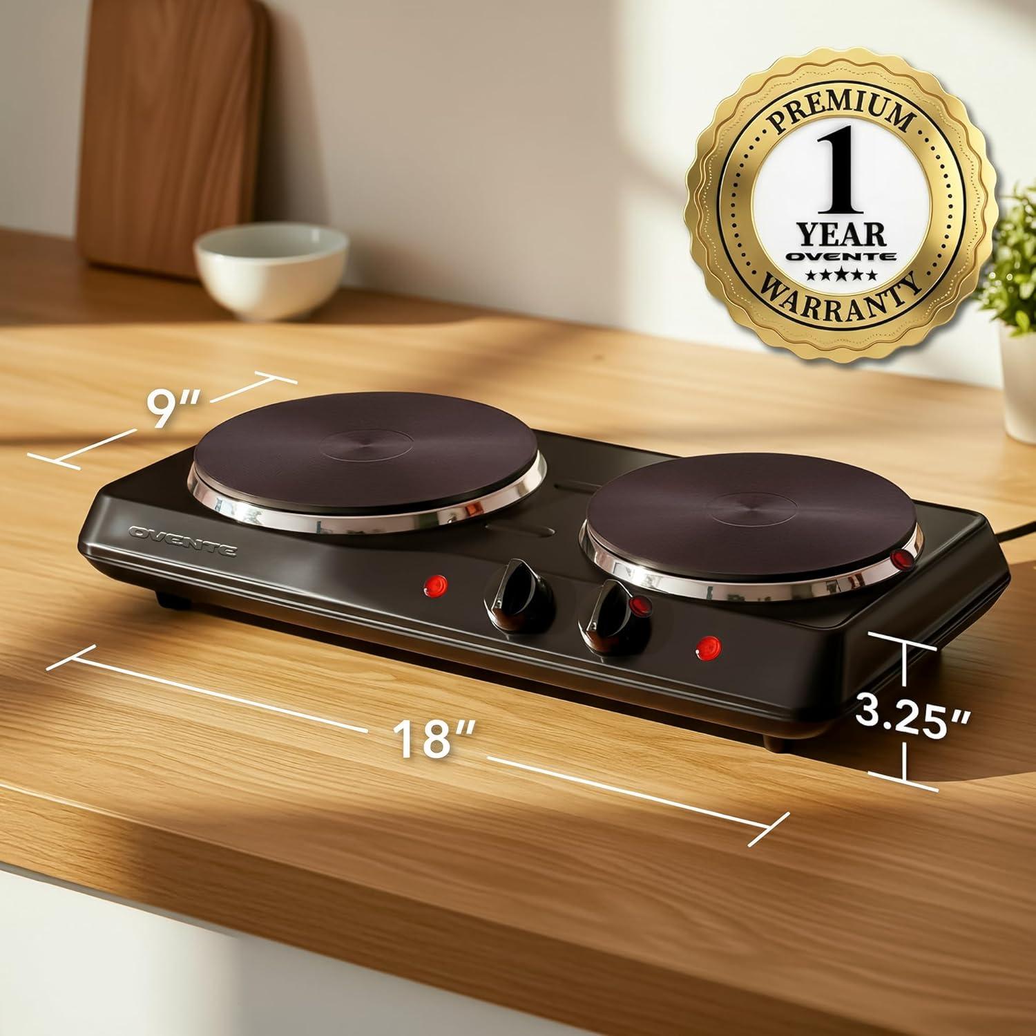 imageOVENTE Electric Countertop Single Burner 1000W Cooktop with 725 Inch Cast Iron Hot Plate 5 Level Temperature Control Compact Cooking Stove and Easy to Clean Stainless Steel Base Silver BGS101SBGS102B Black