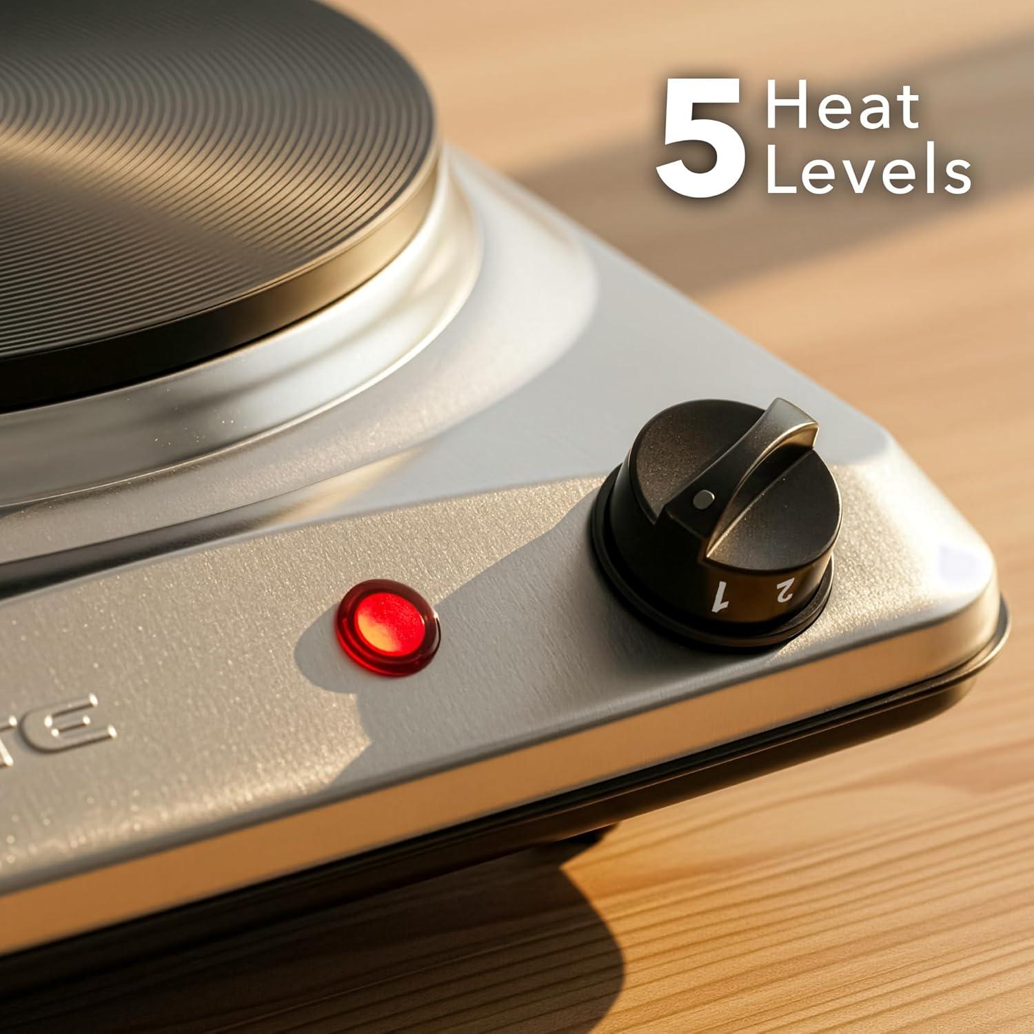 imageOVENTE Electric Countertop Single Burner 1000W Cooktop with 725 Inch Cast Iron Hot Plate 5 Level Temperature Control Compact Cooking Stove and Easy to Clean Stainless Steel Base Silver BGS101SBGS101S Silver