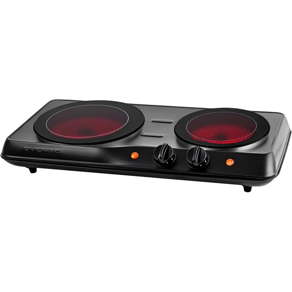 imageOVENTE Countertop Infrared Double Burner 1700W Electric Hot Plate and Portable Stove with 775 and 675 Ceramic Glass Cooktop 5 Level Temperature Setting and Easy to Clean Base Black BGI102BBGI102B Black