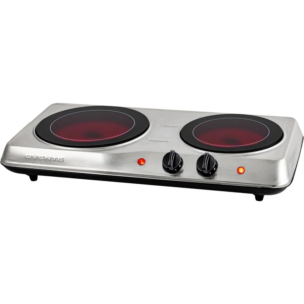 imageOVENTE Countertop Infrared Double Burner 1700W Electric Hot Plate and Portable Stove with 775 and 675 Ceramic Glass Cooktop 5 Level Temperature Setting and Easy to Clean Base Black BGI102BBGI102S Silver