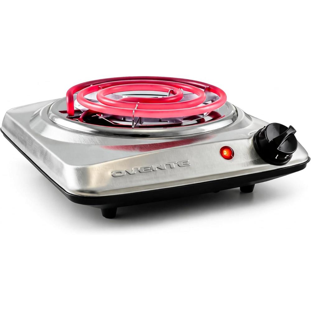 imageOVENTE Electric Countertop Double Burner 1700W Cooktop with 6 and 575 Stainless Steel Coil Hot Plates 5 Level Temperature Control Indicator Lights and Easy to Clean Cooking Stove Black BGC102BBGC101S Silver