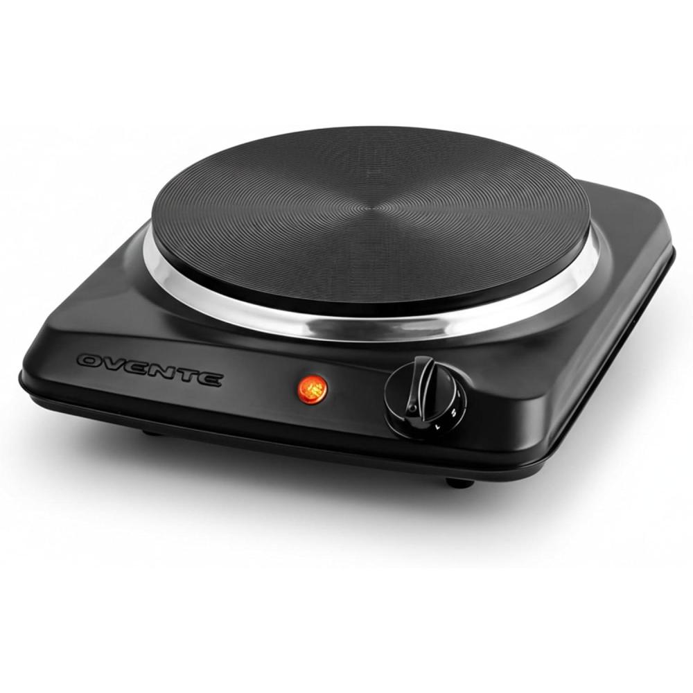 imageOVENTE Electric Countertop Single Burner 1000W Cooktop with 725 Inch Cast Iron Hot Plate 5 Level Temperature Control Compact Cooking Stove and Easy to Clean Stainless Steel Base Silver BGS101SBGS101B Black