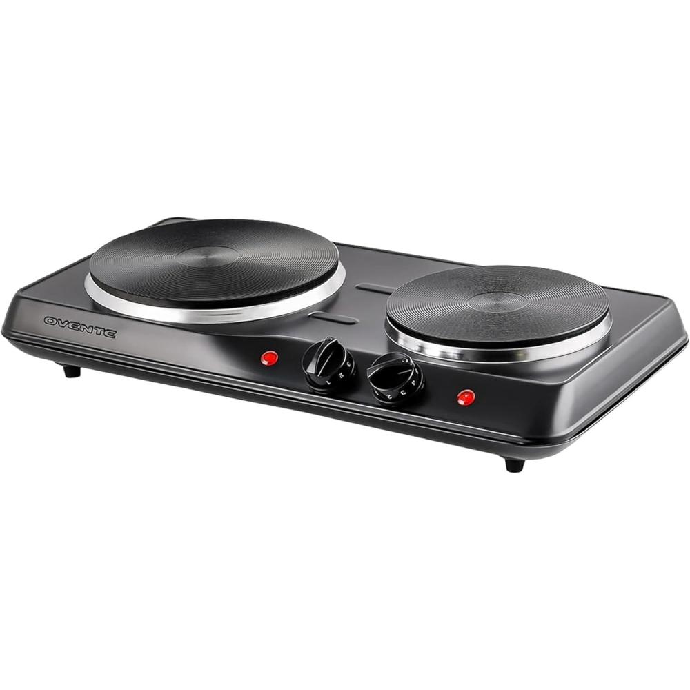 imageOVENTE Electric Countertop Single Burner 1000W Cooktop with 725 Inch Cast Iron Hot Plate 5 Level Temperature Control Compact Cooking Stove and Easy to Clean Stainless Steel Base Silver BGS101SBGS102B Black
